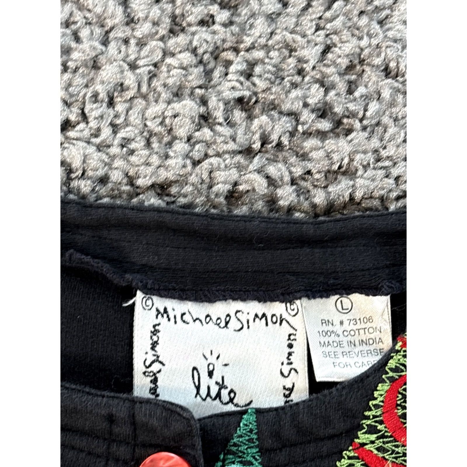Michael Simon Lite Cardigan Sweater Women’s L Black Christmas Tree Embroidered Holiday Ugly Christmas Sweater Art To Wear, Women's — image 4 of 5