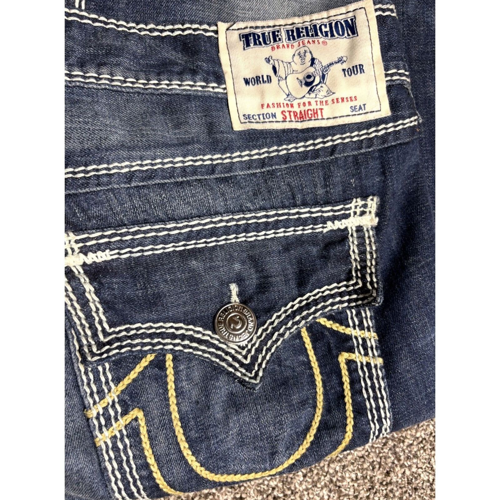 True Religion VINTAGE True Religion Mega T Flap Jeans Mens 40x34 Straight Nat Thick Stitch Mud Slinger Denim 5-Pocket Mens Size US 40 / EU 56 - 2 Thumbnail