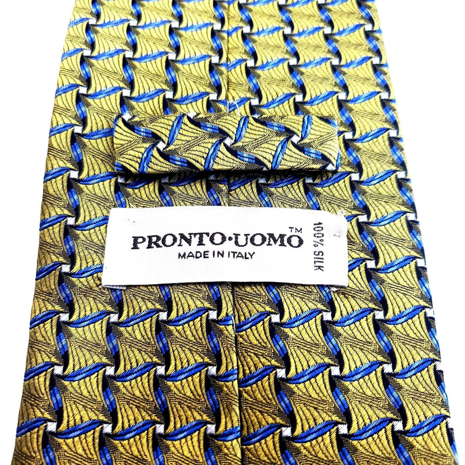 Pronto Uomo Pronto Uomo Yellow Blue Geometric Woven Italian Wide Silk Ti Size ONE SIZE - 3 Thumbnail