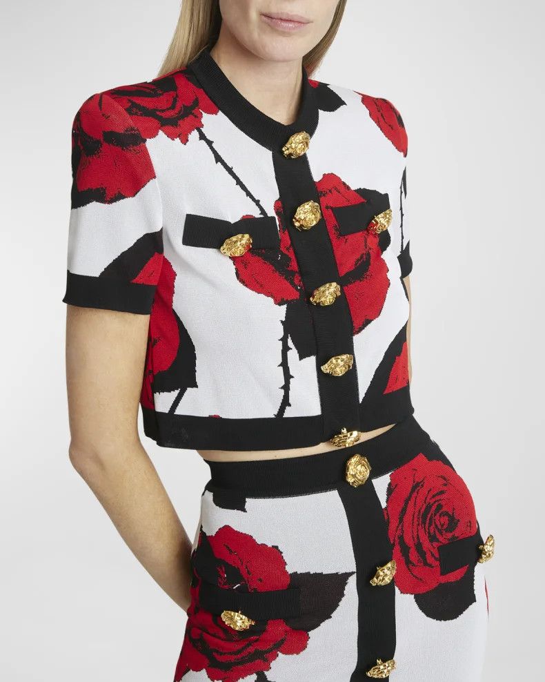 Balmain o1s1wg110825 Floral Jacquard Cropped Cardigan in Multicolor Size XL / US 12-14 / IT 48-50 - 6 Thumbnail