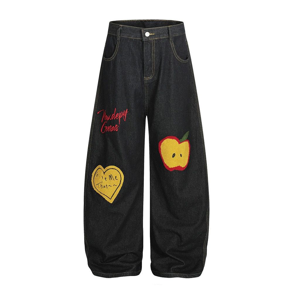 Jean Men's washed vintage street apple embroidered scimitar jeans Size US 32 / EU 48 - 1 Thumbnail