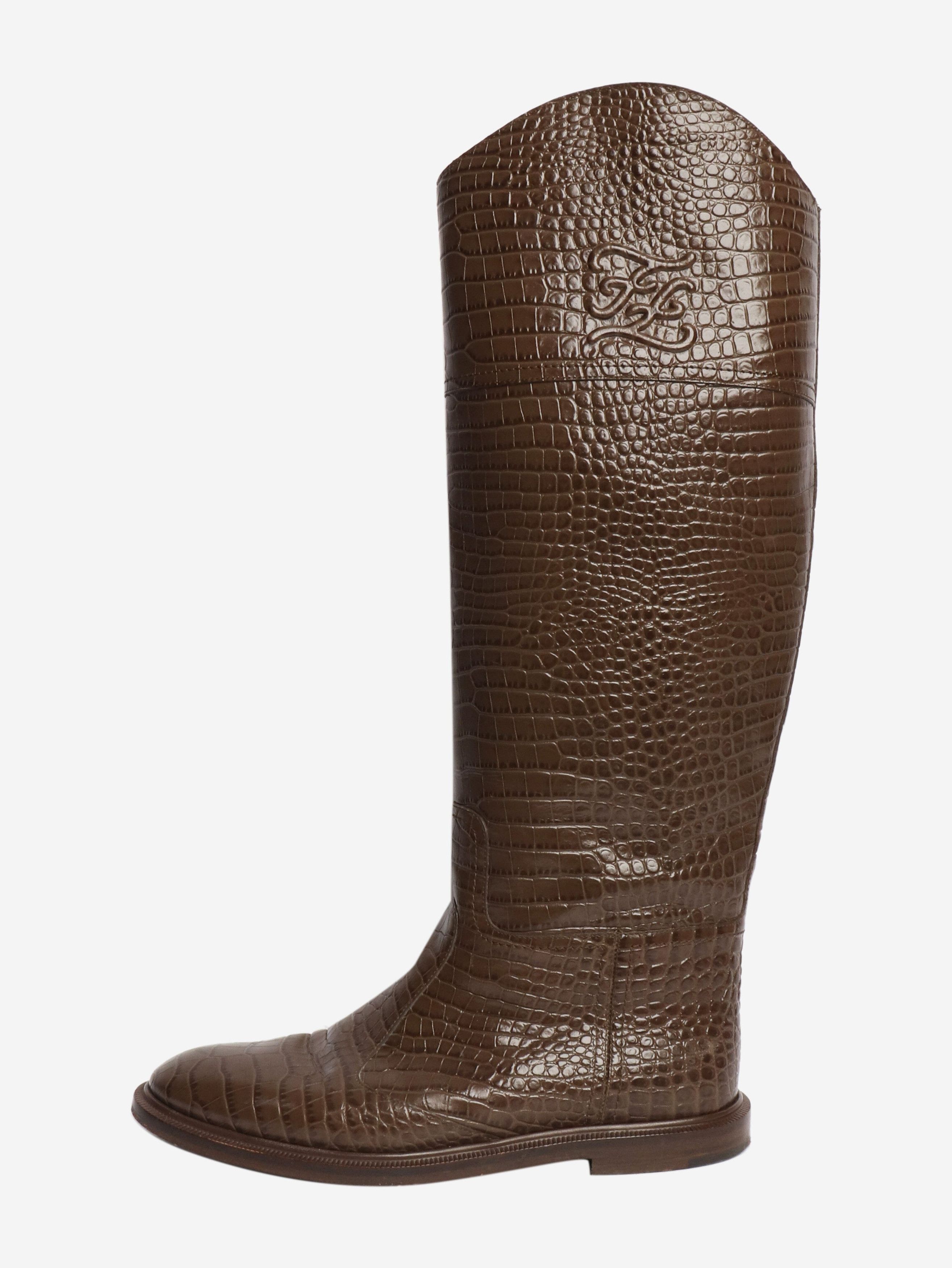 Fendi Brown Karligraphy croc-embossed riding boots - EU 38.5 Size US 7 / IT 37 - 1 Thumbnail