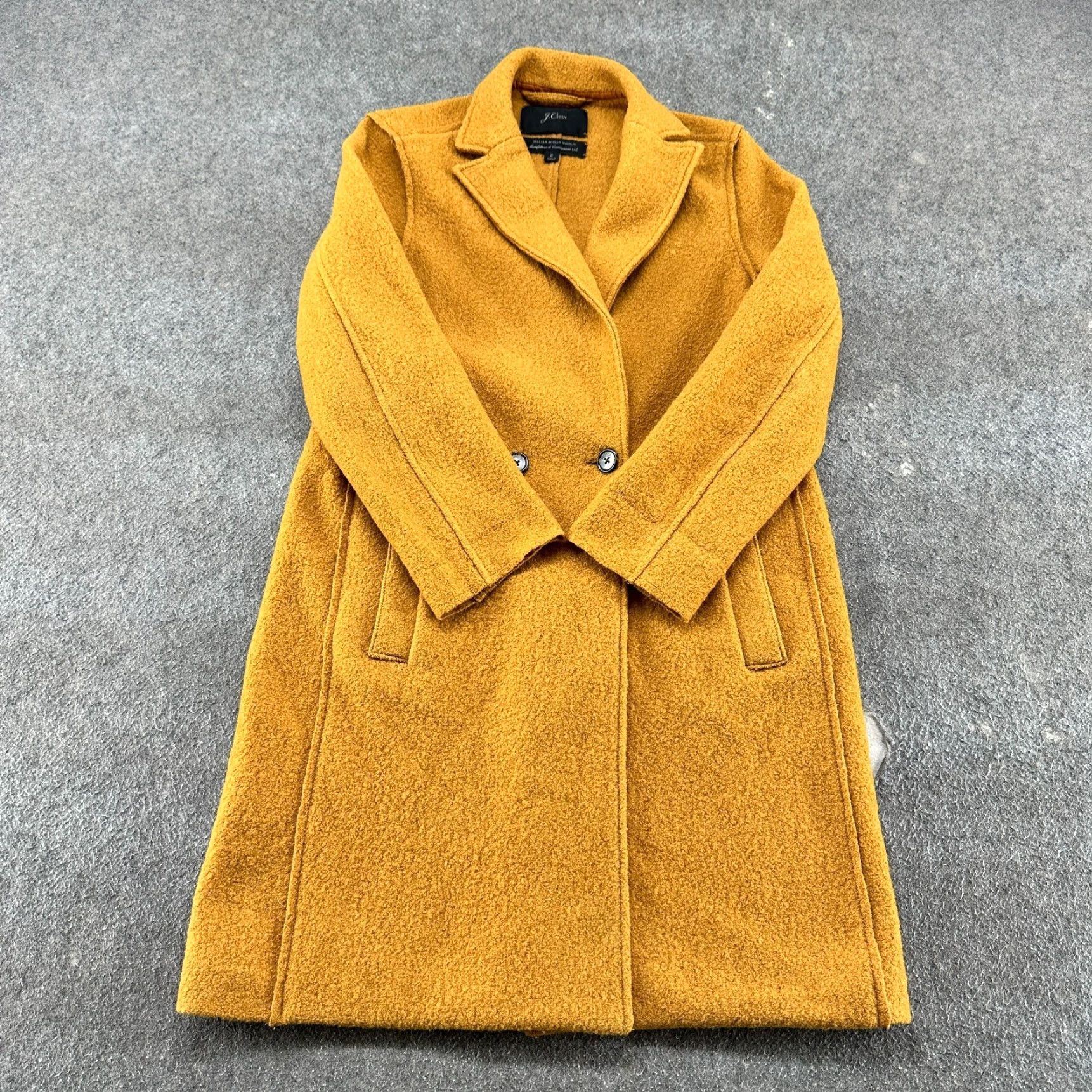 J.Crew VINTAGE J.CREW Coat Womens 2 Yellow Long Boiled Wool Double Breasted Solid Overcoat 90s Paris Wool Blend Lined Pockets Dry Clean Only Mens? Size XS / US 0-2 / IT 36-38 - 2 Thumbnail