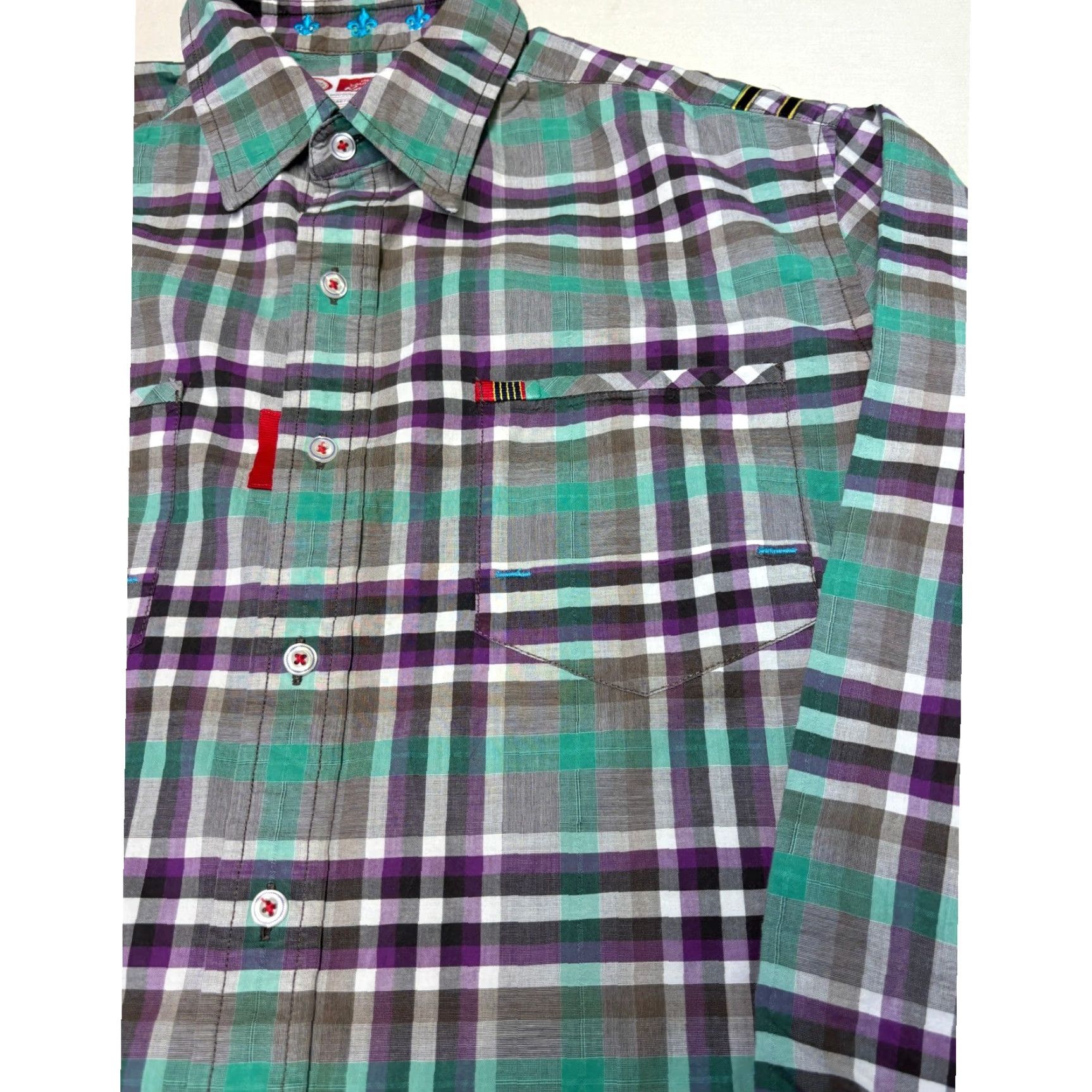 Robert Graham Robert Graham Freshly Laundered Shirt Mens Medium Green Purple Plaid Cotton L/S Shirt Size US M / EU 48-50 / 2 - 2 Thumbnail
