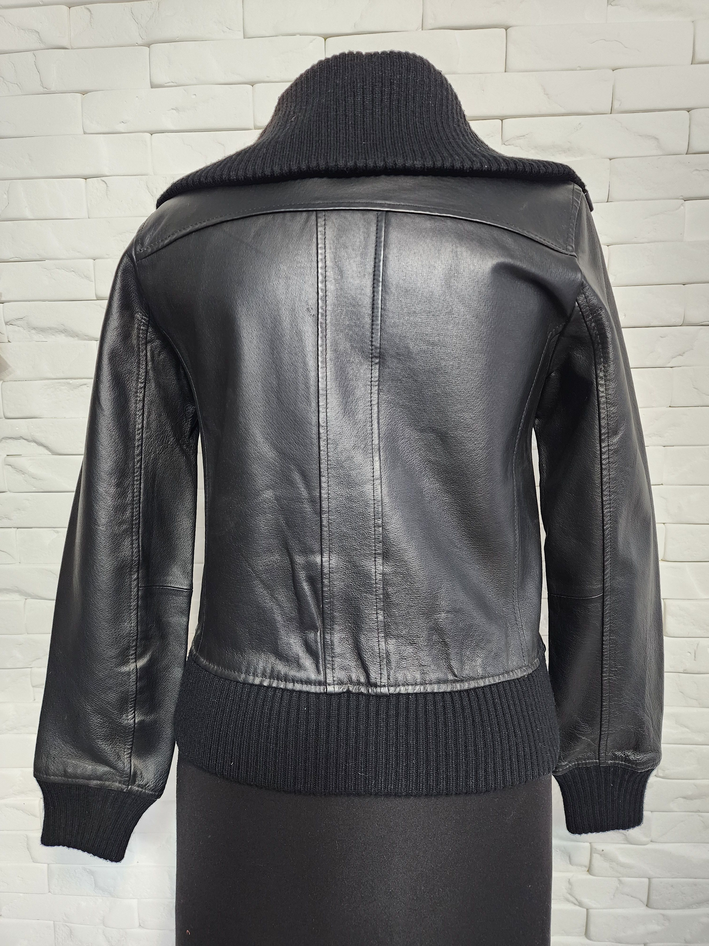 Other Black Leather Jacket: Women's Zip-Up Bomber with Knit Trim Size M / US 6-8 / IT 42-44 - 5 Thumbnail