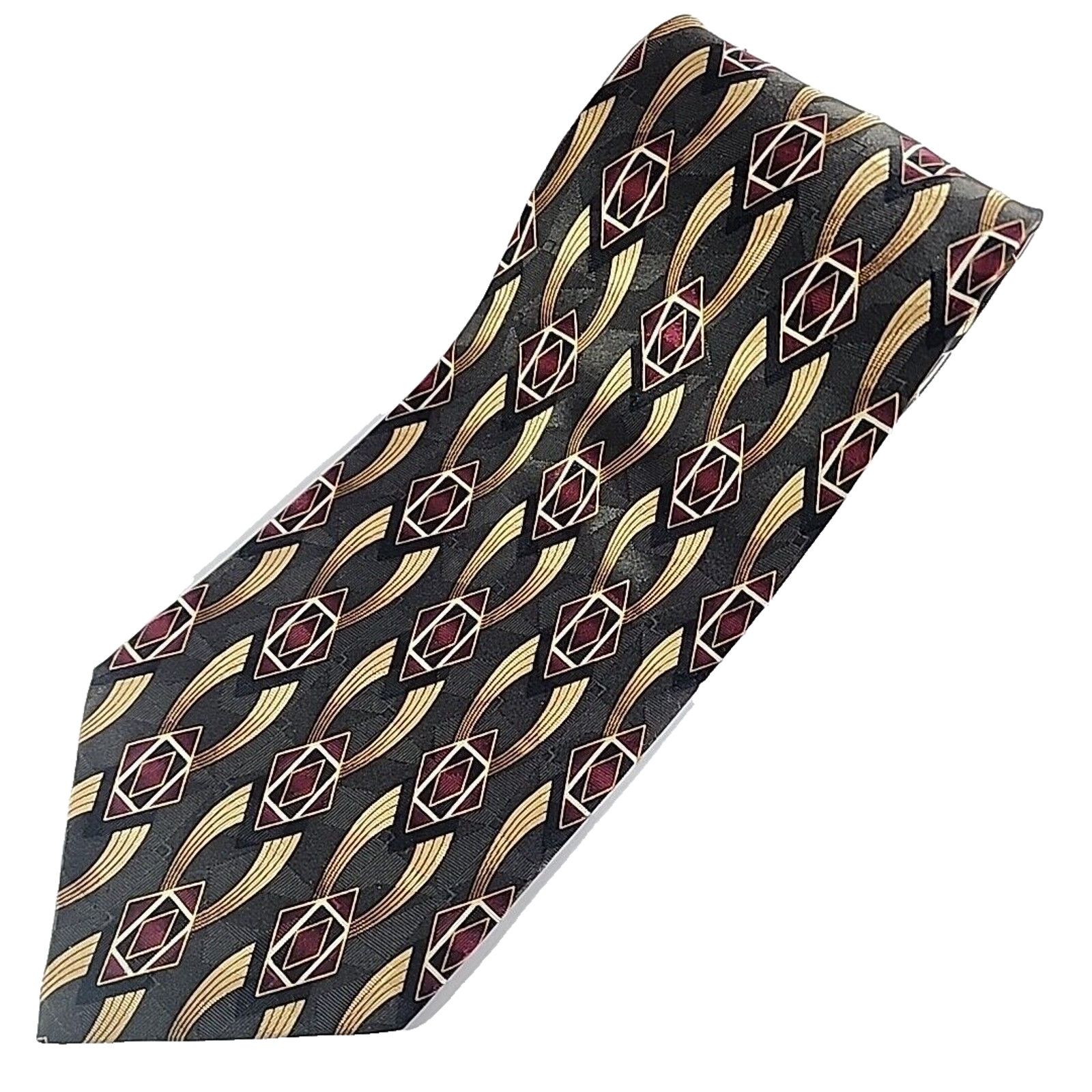 Vintage Facets Silk Necktie, Gray-Maroon-Gold Geometric - Like New Size ONE SIZE - 1 Thumbnail