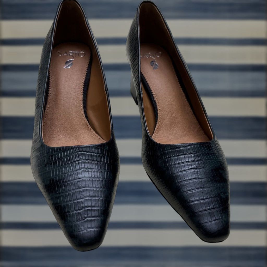 Franco Sarto A-Regal Green Reptile Embossed Leather Pumps Size 8.5M Pointed Toe Block Heel Shoes Womens