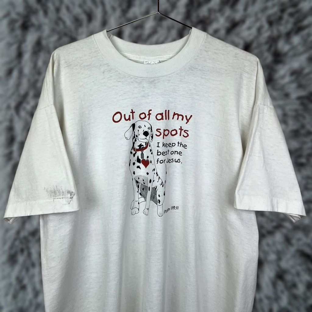 Fruit Of The Loom Funny Dalmatian Graphic Tee - Out of All My Spots 90s vintage Shirt Adult XL White Nike Size US XL / EU 56 / 4 - 1 Thumbnail