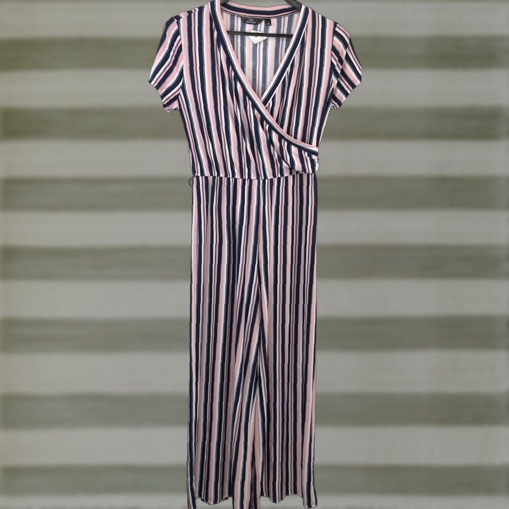Vintage Mlle Gabrielle Jumpsuit L Pink Blue Stripe Mock Wrap V-Neck ShortSleeve NWT Womens One-Piece Dress Style: Jumpsuit Size 36" / US 14 / IT 50 - 1 Thumbnail