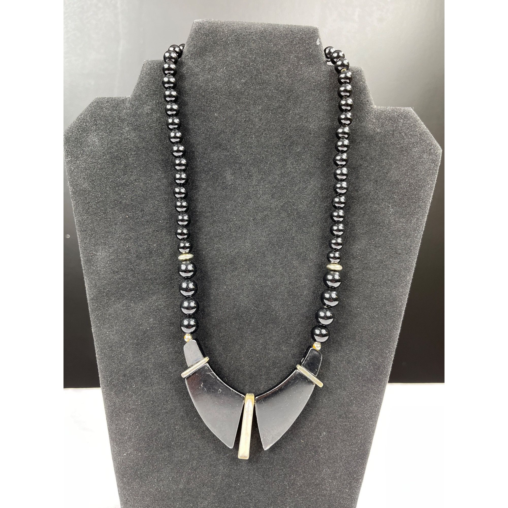 Vintage Womens SKU 7855 Black Beaded Necklace Geometric Bib like Pen Size ONE SIZE - 2 Thumbnail