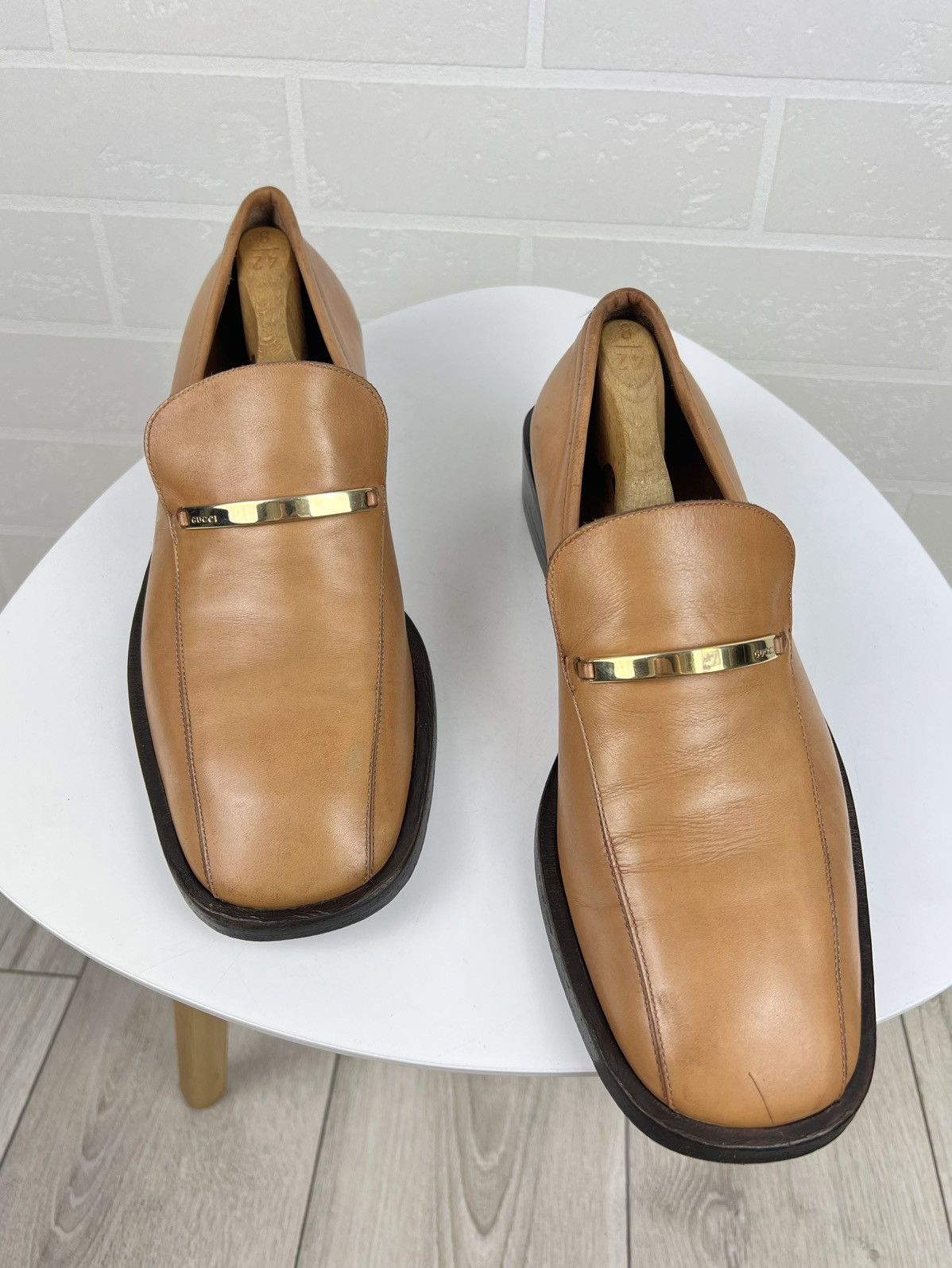 Gucci Loafers Leather Shoes Metal Buckle GG Logo Vintage in Brown, Men's (Size 9.5)