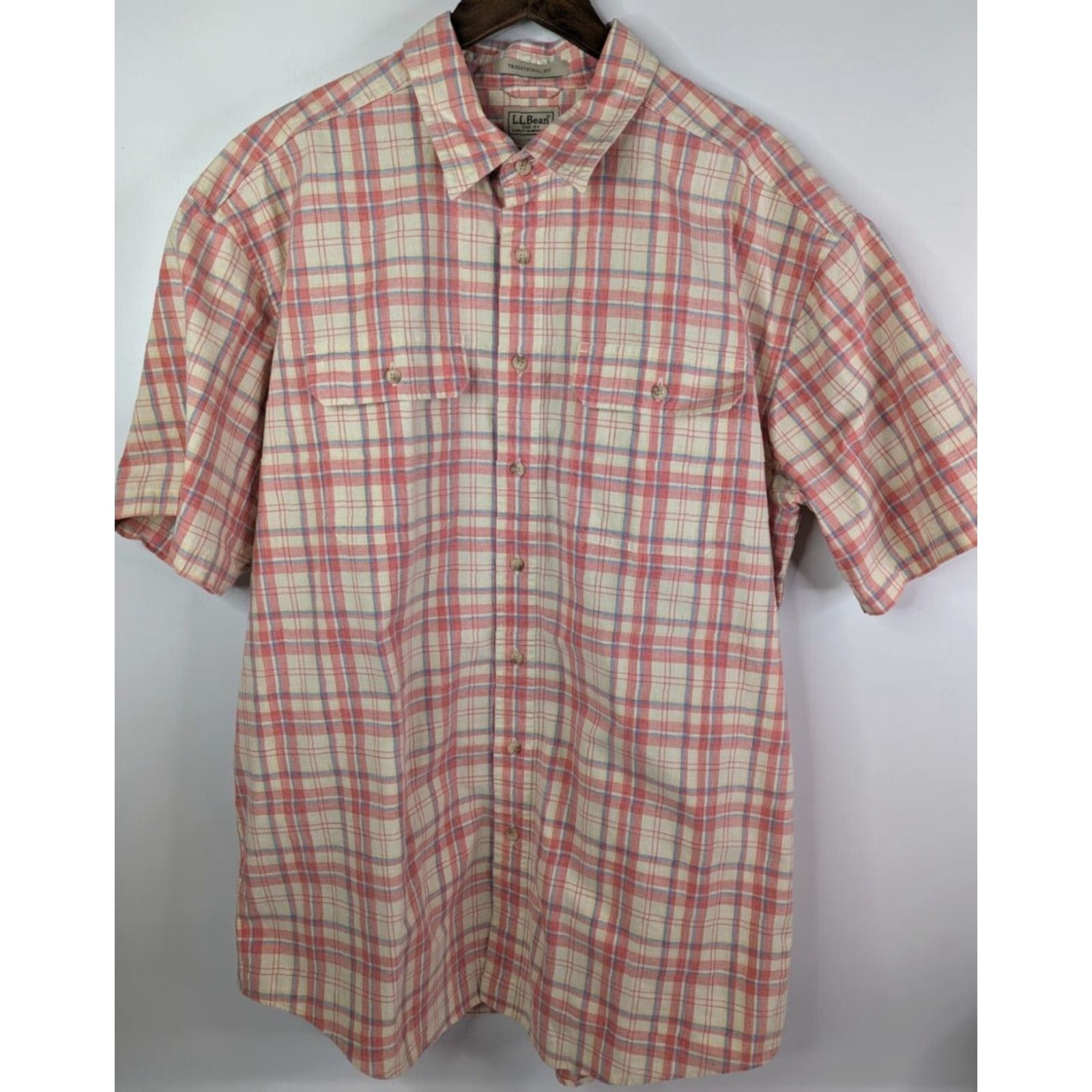 Vintage VINTAGE LL Bean Pink Plaid Sunwashed Canvas Short Sleeve Button Camp Shirt XLT #288700 Size US XL / EU 56 / 4 - 2 Thumbnail