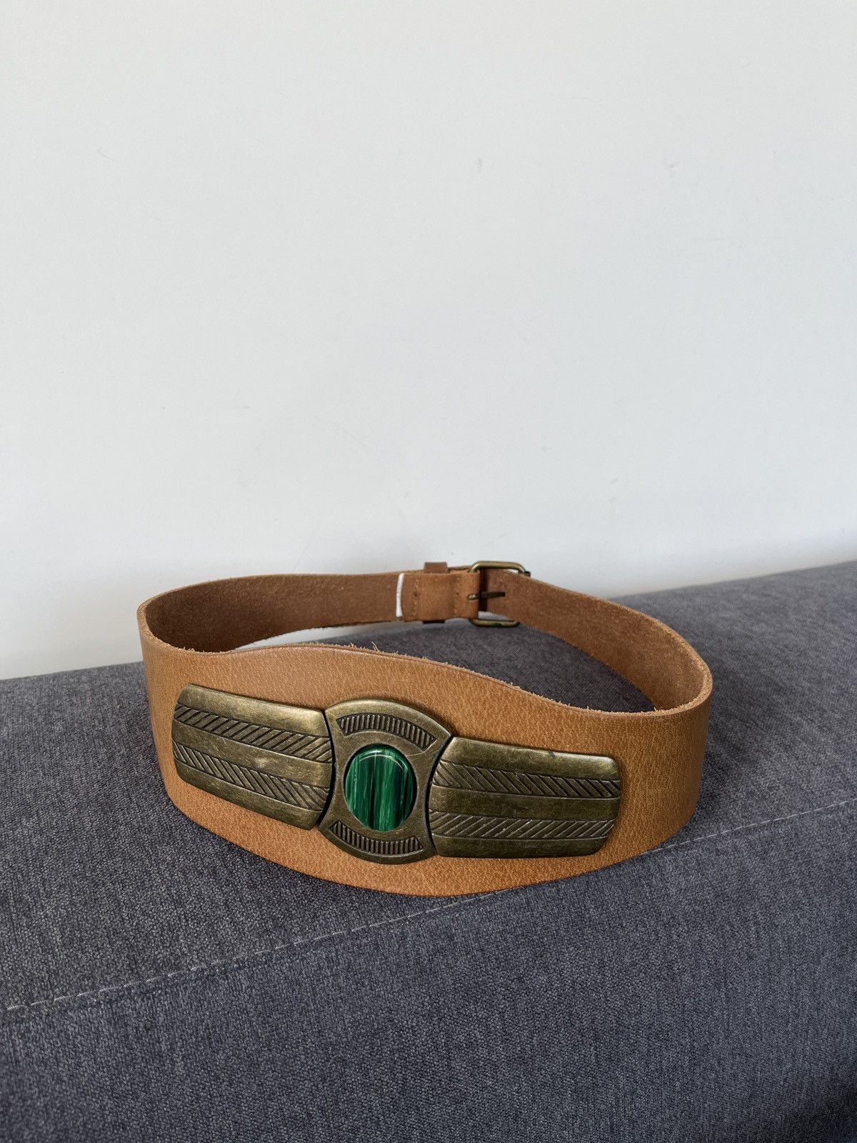 Cowboy Equipment × Vintage Vintage Aztec Mayan Leather Wide Belt Malachite Gemstone Size ONE SIZE - 5 Thumbnail
