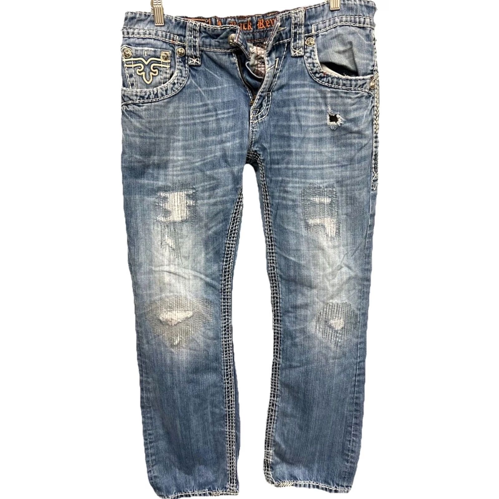 Vintage VINTAGE? ROCK REVIVAL Royce MEN'S 32 x 30 DISTRESSED STRAIGHT LEG BLUE JEANS Size US 32 / EU 48 - 2 Thumbnail