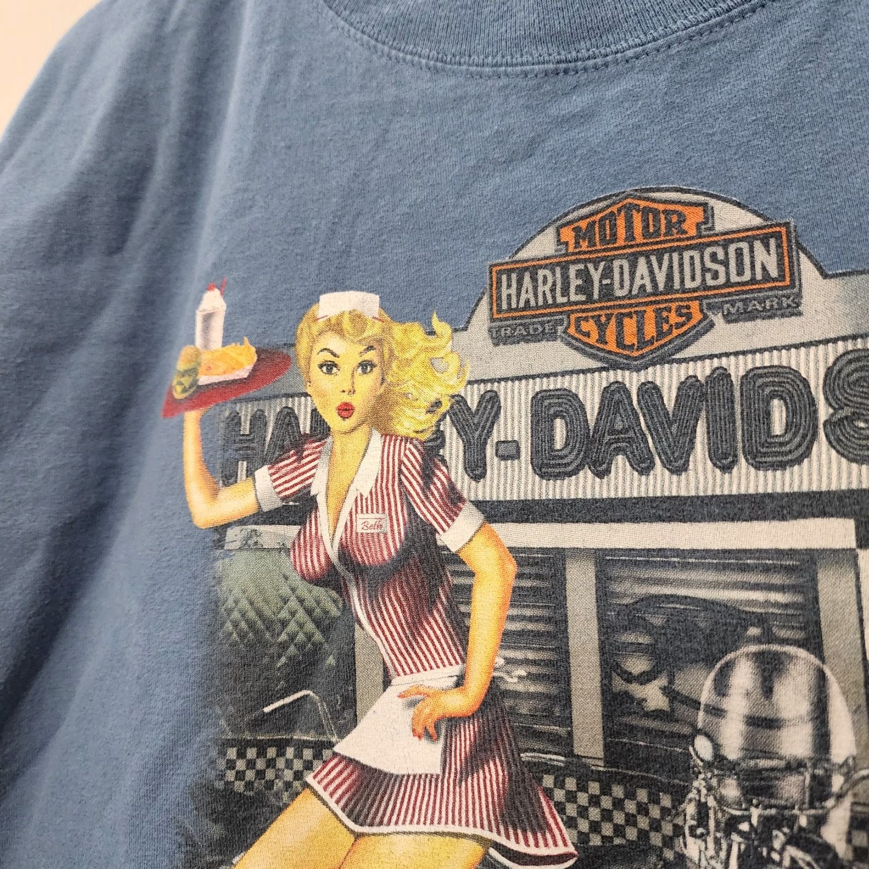 Harley Davidson Harley-Davidson T-Shirt Men XL Blue Diner Girl Boxy Motorcycle Skater Grunge Y2k Clothing Shirt Mens Blue Harley Davidson Motorcycle Grunge 2000s Size US XL / EU 56 / 4 - 4 Thumbnail