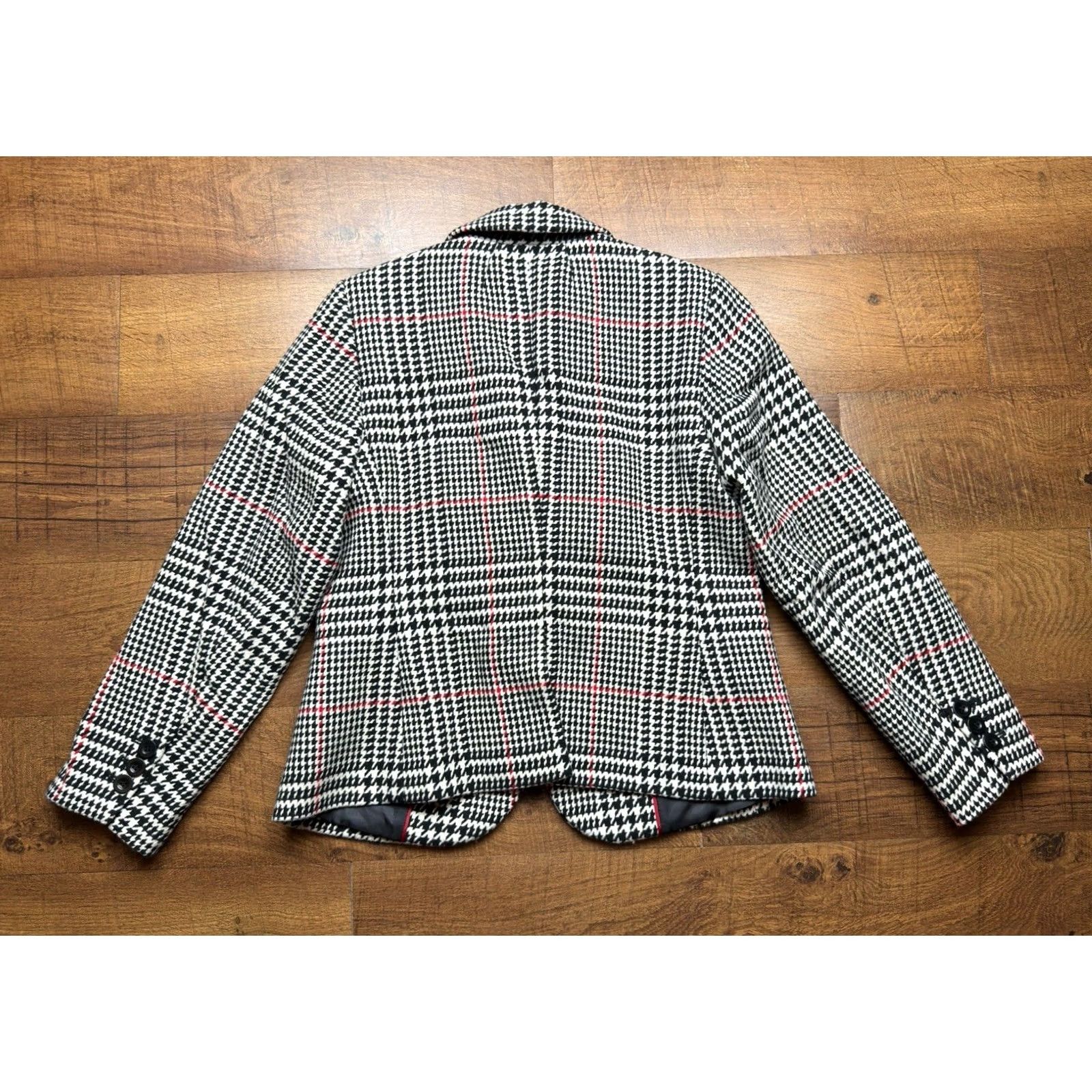 Talbots Talbots Sport Coat Houndstooth White Black Red Glen Check Wool Blazer 10P Petite Women’s Jacket Single-Breasted Notch Lapel Two-Button Lined Size L / US 10 / IT 46 - 3 Thumbnail