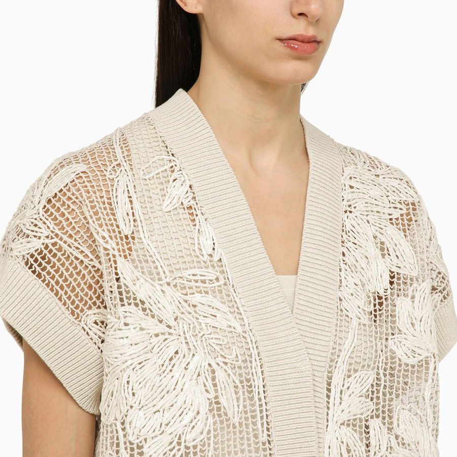Brunello Cucinelli o1d2blof0824 Perforated Cotton Cardigan in Beige Size S / US 4 / IT 40 - 4 Thumbnail