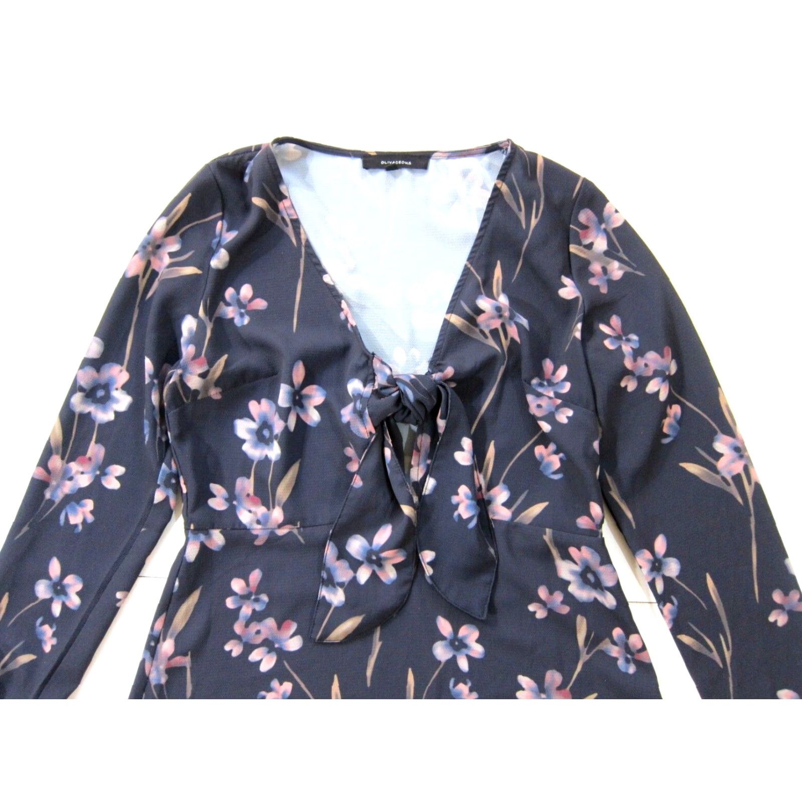 Vintage Olivaceous Dress Women Blue Pink Floral Long Sleeve V-Neck Fit Flare Empire M Size M / US 6-8 / IT 42-44 - 3 Thumbnail