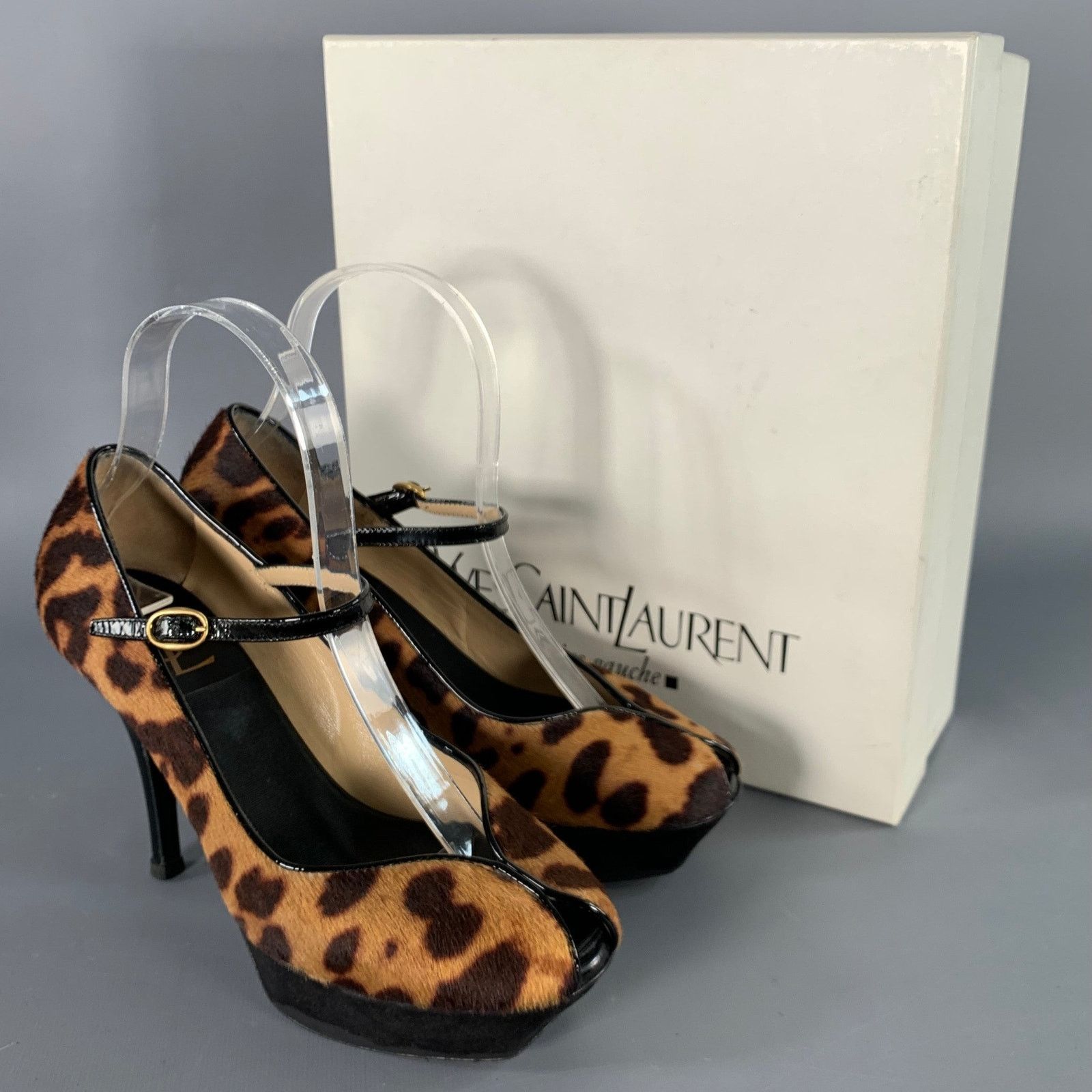 Yves Saint Laurent Tribute Brown Black Calf Hair Animal Print Platform Sandals Size US 6 / IT 36 - 7 Thumbnail