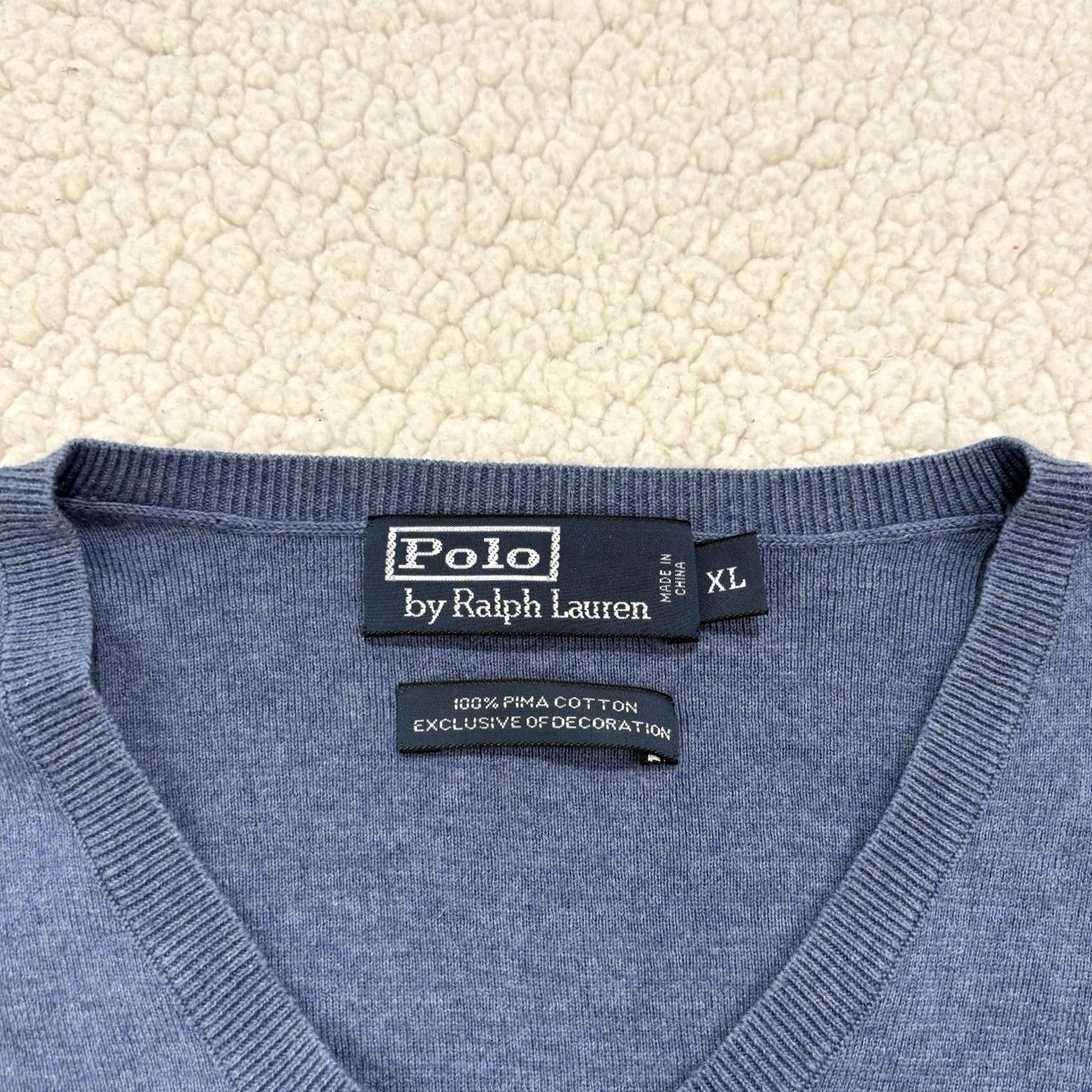 Ralph Lauren VINTAGE Ralph Lauren Polo Mens XL V-Neck Sweater Blue Pima Cotton Knit Red Pony Size US XL / EU 56 / 4 - 2 Thumbnail