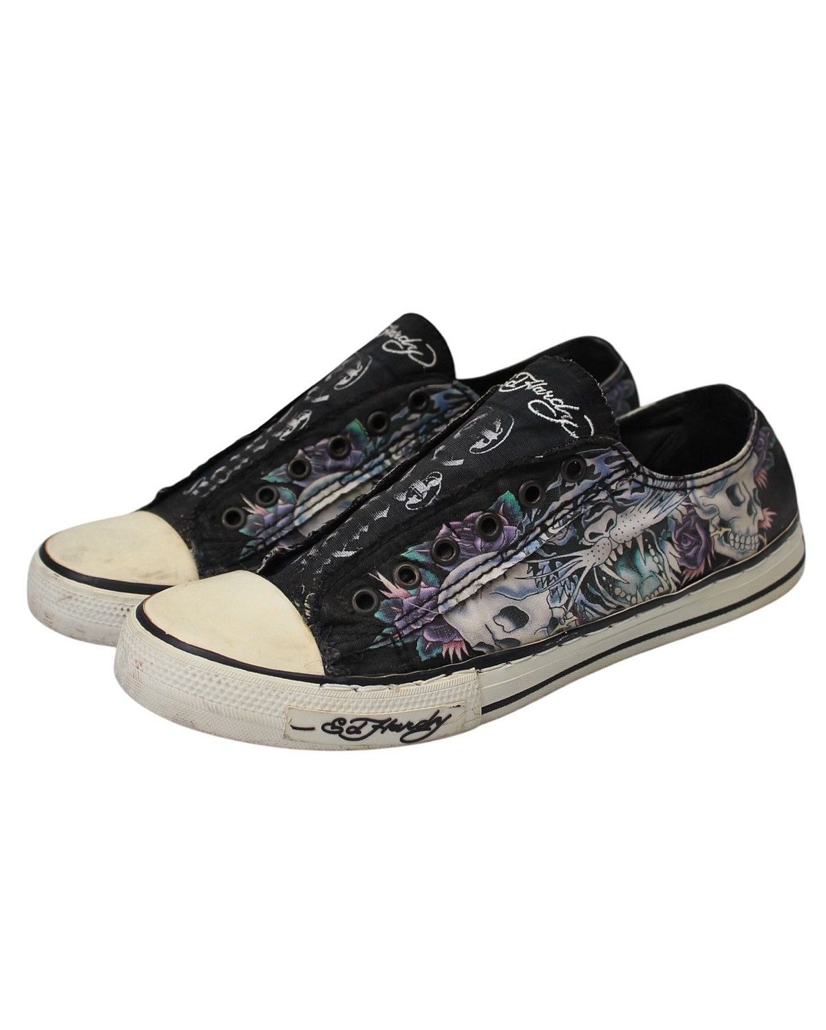 2000S ED HARDY LACELESS SLIP-ON SKULL TATTOO SNEAKERS