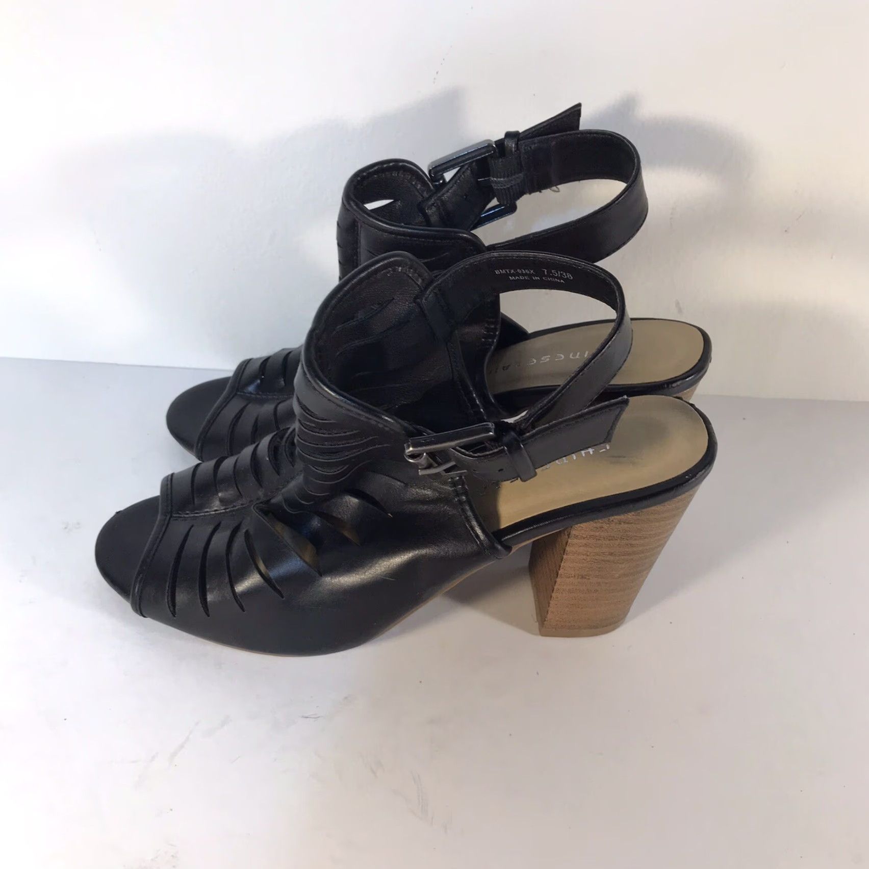 Chinese Laundry Chinese Laundry Gladiator Sandals Women's 7.5 Black Faux Leather Peep Toe 3.5in High Heel Block Buckle Straps Dressy Size US 4 / IT 34 - 3 Thumbnail