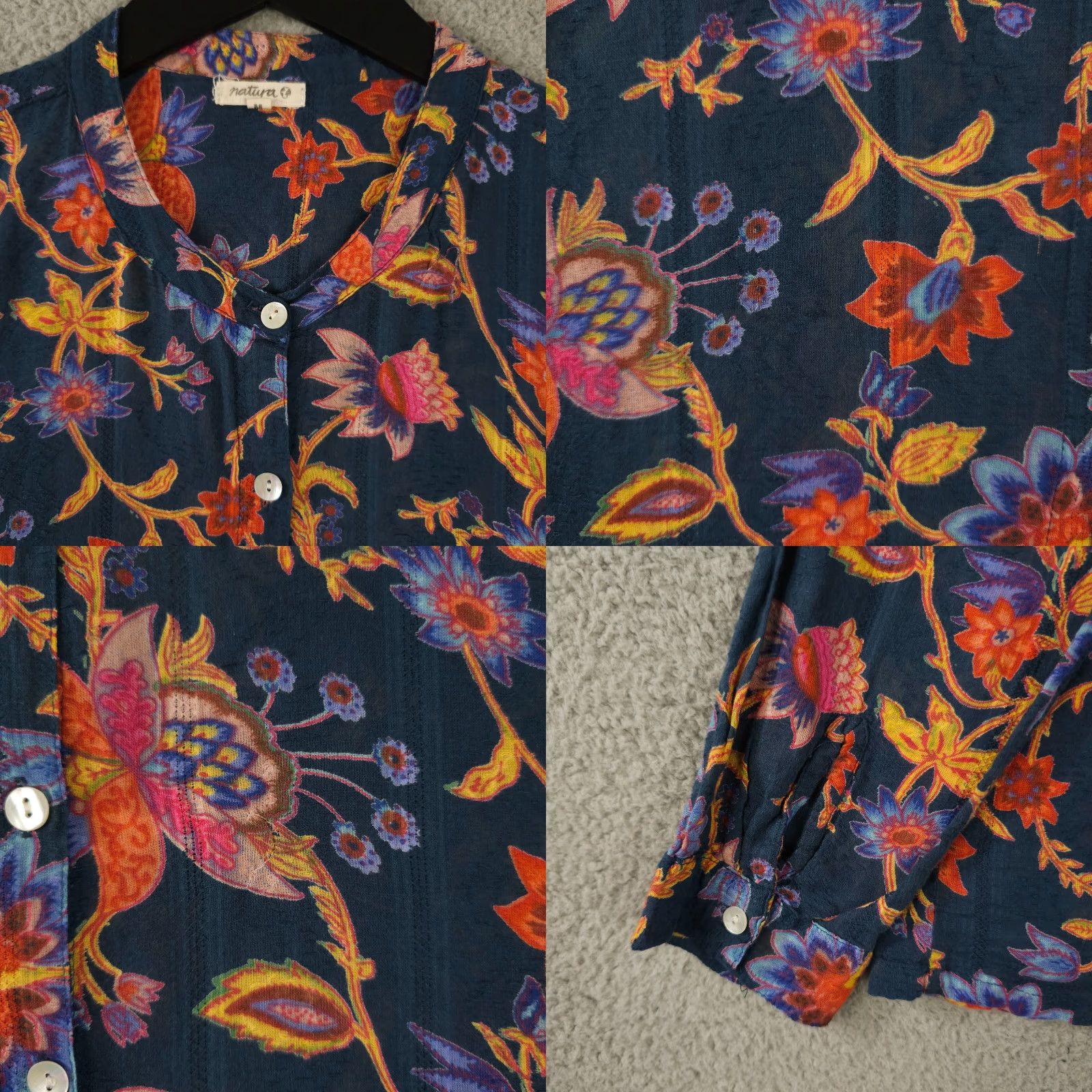 Vintage Natura Shirt Womens Medium Blue Orange Floral Button-Up Semi Sheer Textured Top Size M / US 6-8 / IT 42-44 - 8 Thumbnail
