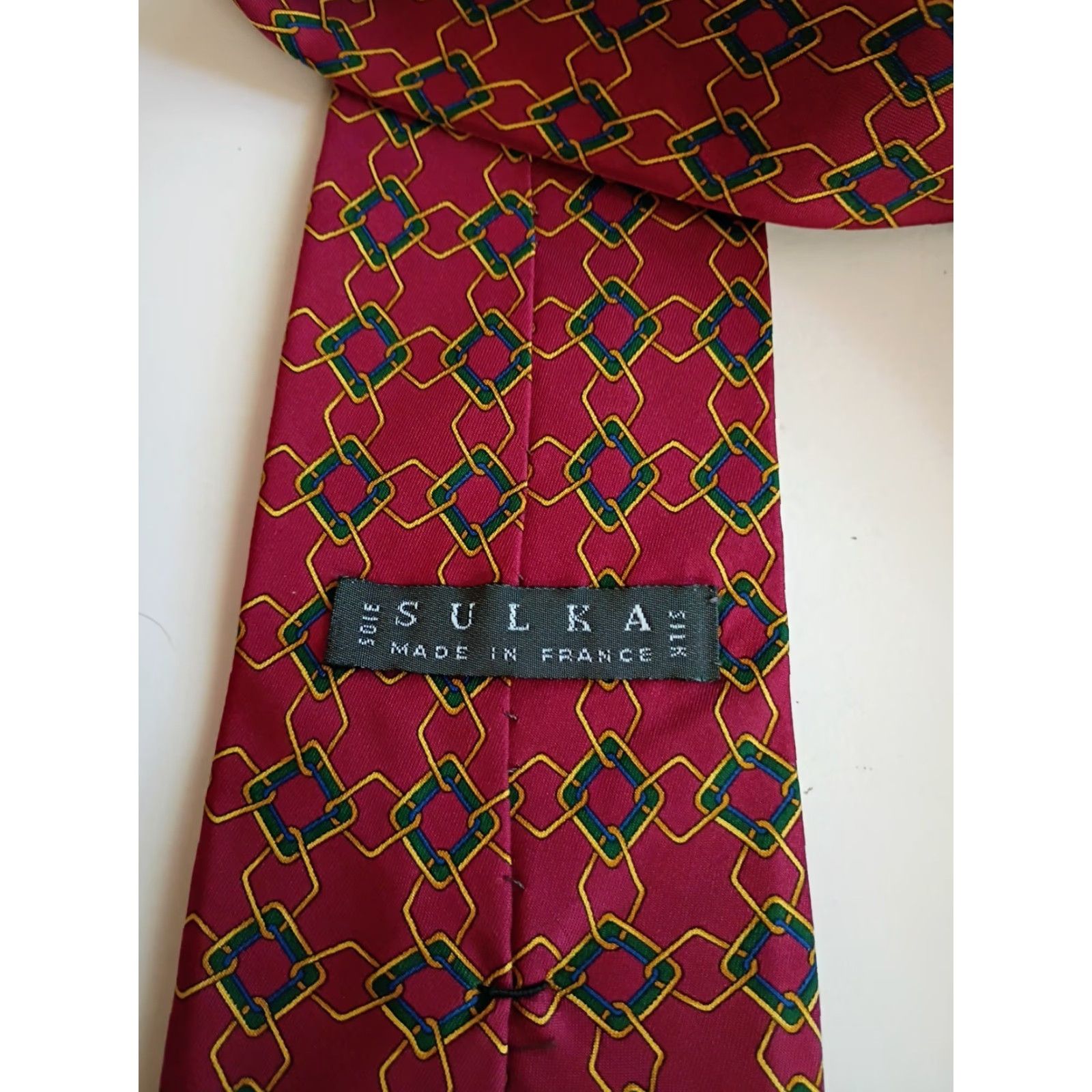 Sulka VINTAGE Sulka Silk Necktie France Geometric Chain Link Design Red Designer Tie Men 57-60" Long 3.75" Wide Size ONE SIZE - 4 Thumbnail