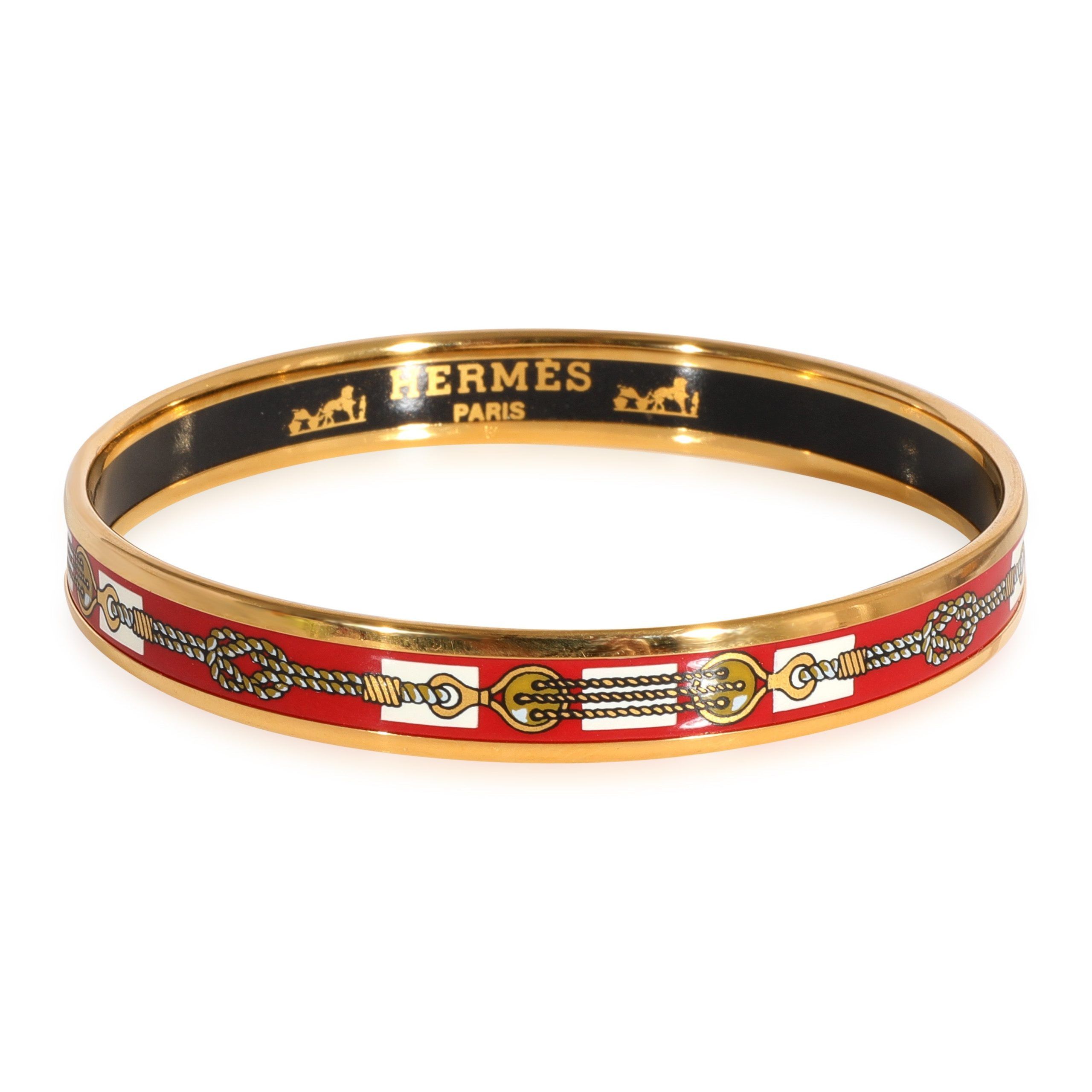 image of Hermes Plated Narrow Red Enamel Bracelet With Rope Design (62Mm) in Yellow, Women's