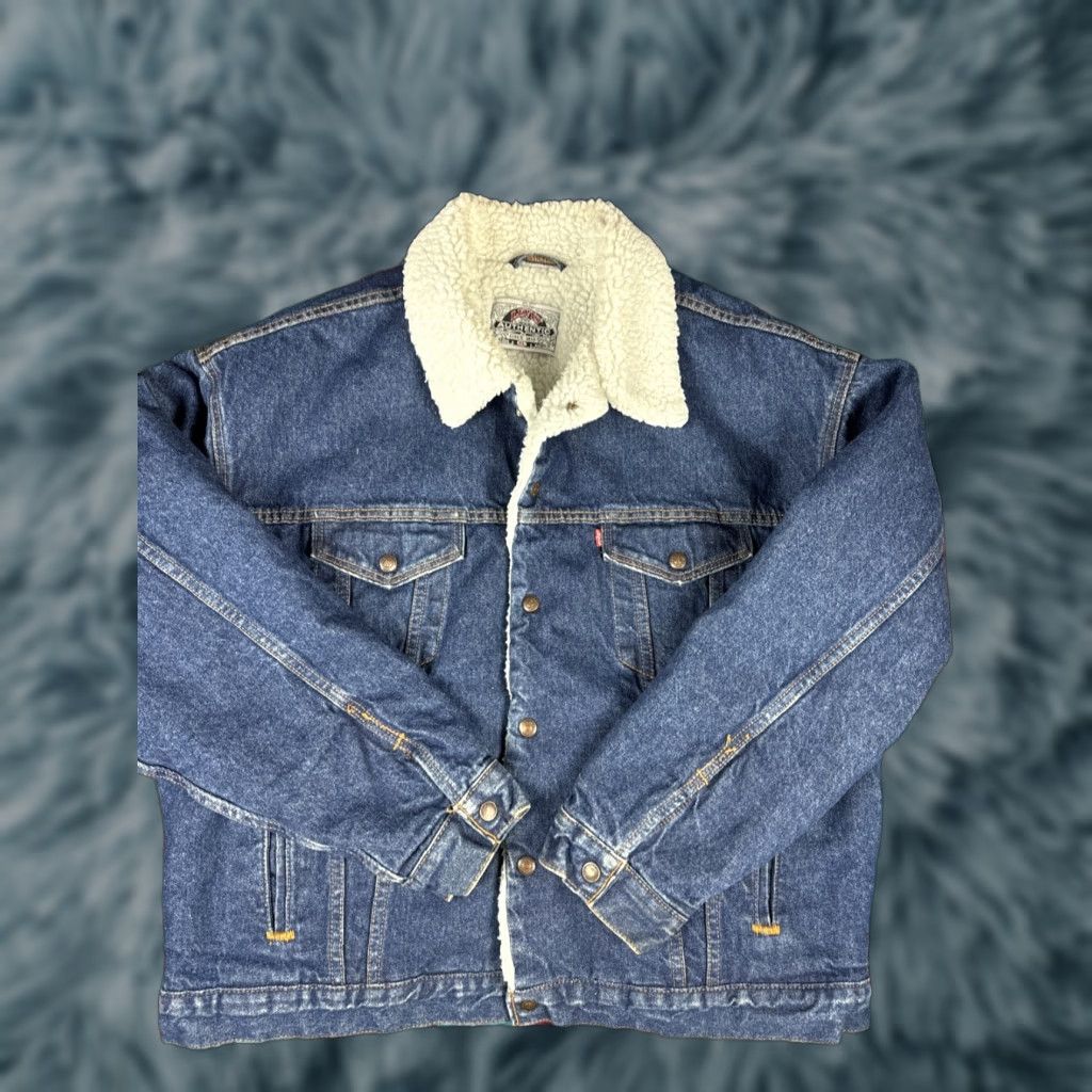 VINTAGE Levi’s Indigo Denim Sherpa Jean Jacket Men’s XL Dark Blue USA Bomber Jacket Mens Sz XL Blue Denim