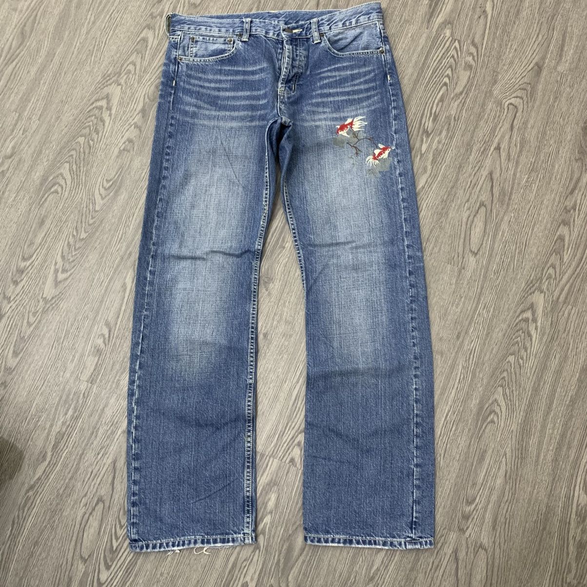 Takeo Kikuchi 🇯🇵TAKEO KIKUCHI Embroidered Fishh Japanese Motif Jeans🇯🇵 Size US 35 - 1 Thumbnail
