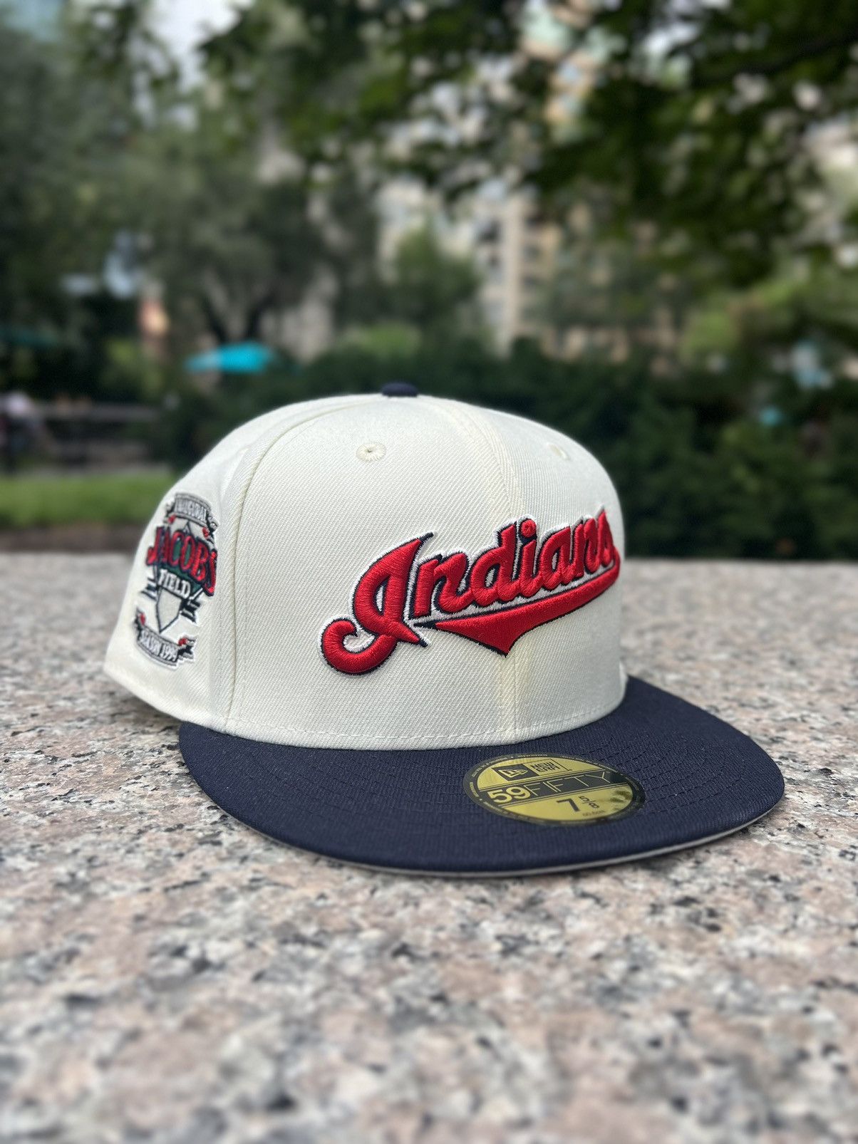 New Era Cleveland Indians Jacobs Field Patch Hat Club Exclusive 59FIFTY Fitted Hat White/Navy