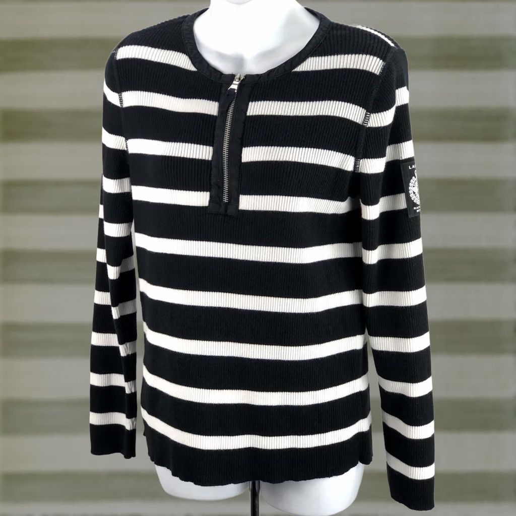 Ralph Lauren VINTAGE Ralph Lauren Sweater L Blk/Wht Stripe 1/2 Zip Henley Racing Team Patch Shirt Womens Size L / US 10 / IT 46 - 1 Thumbnail