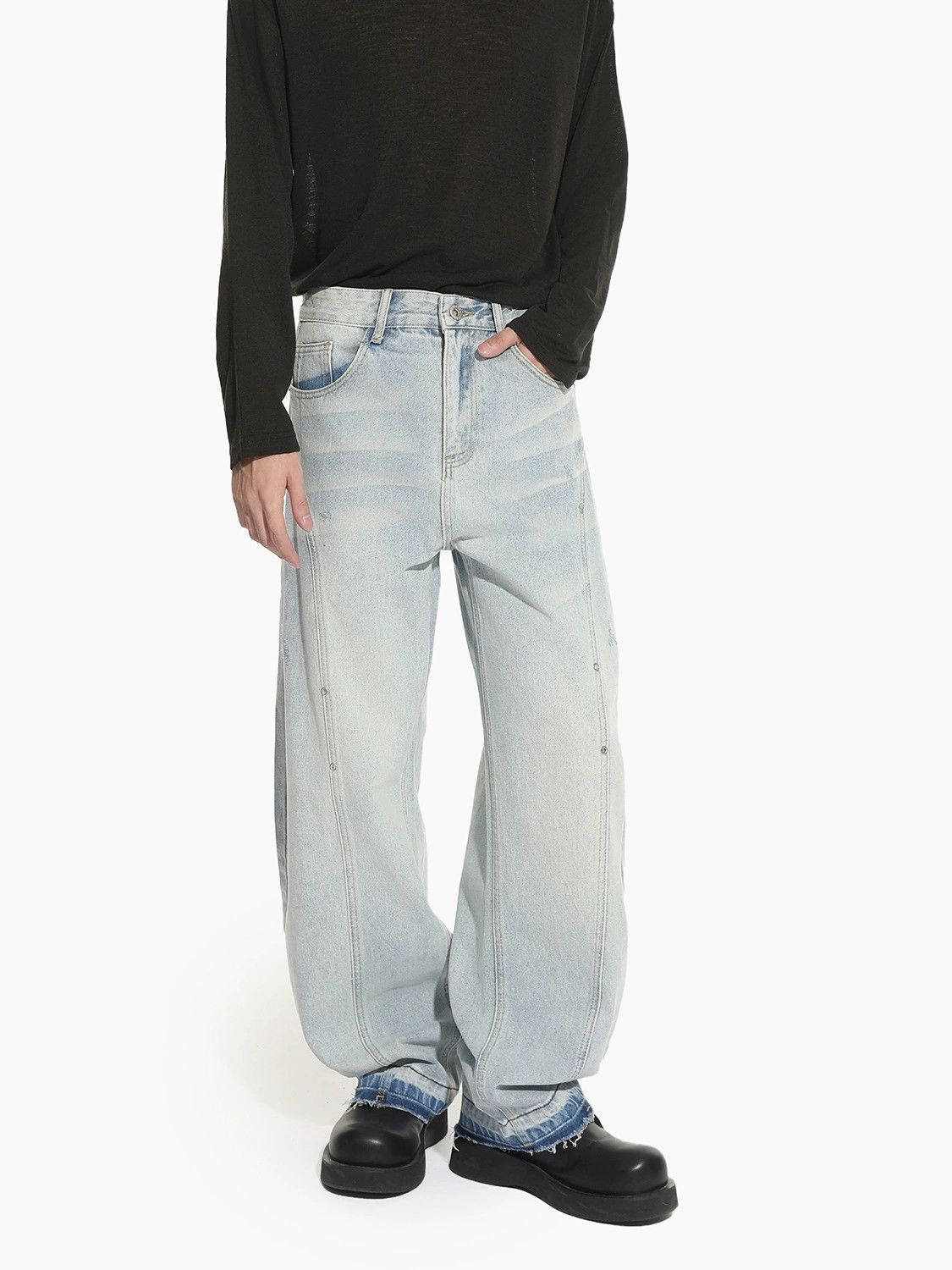 Jean Men's washed patchwork wide-leg straight scimitar jeans Size US 32 / EU 48 - 2 Thumbnail