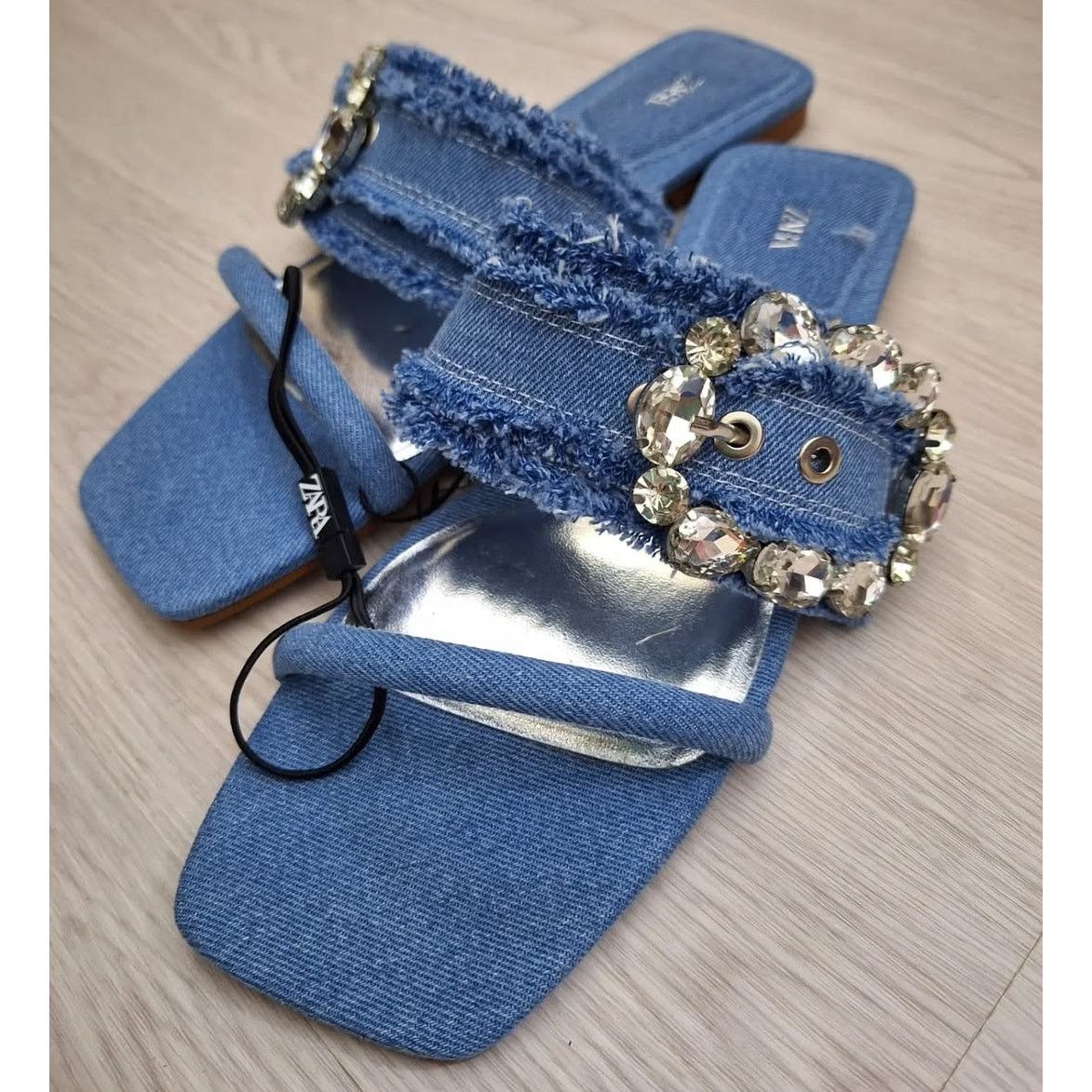 Zara ZARA Embellished Denim Slide Sandals NWT Size US 6.5 / IT 36.5 - 8 Thumbnail