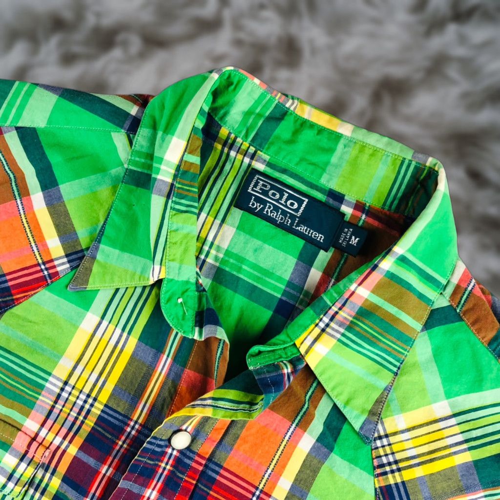VTG Polo Ralph Lauren Men's Pearl Snap Rockabilly Western Shirt Green Plaid M