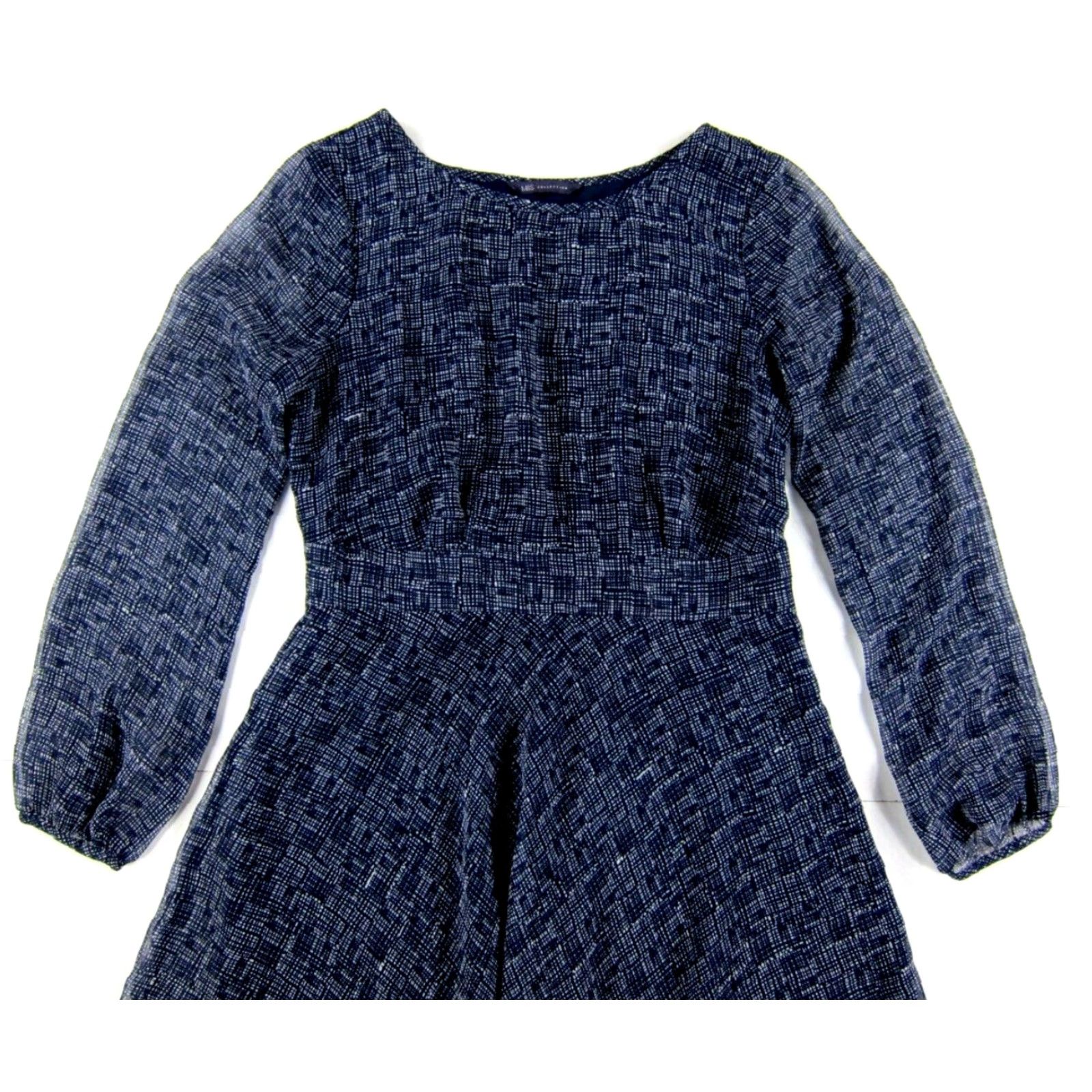 Vintage M&S Collection Navy Blue White Plaid Long Sleeve Midi Sheath Dress UK 10 US 8 Size M / US 6-8 / IT 42-44 - 4 Thumbnail