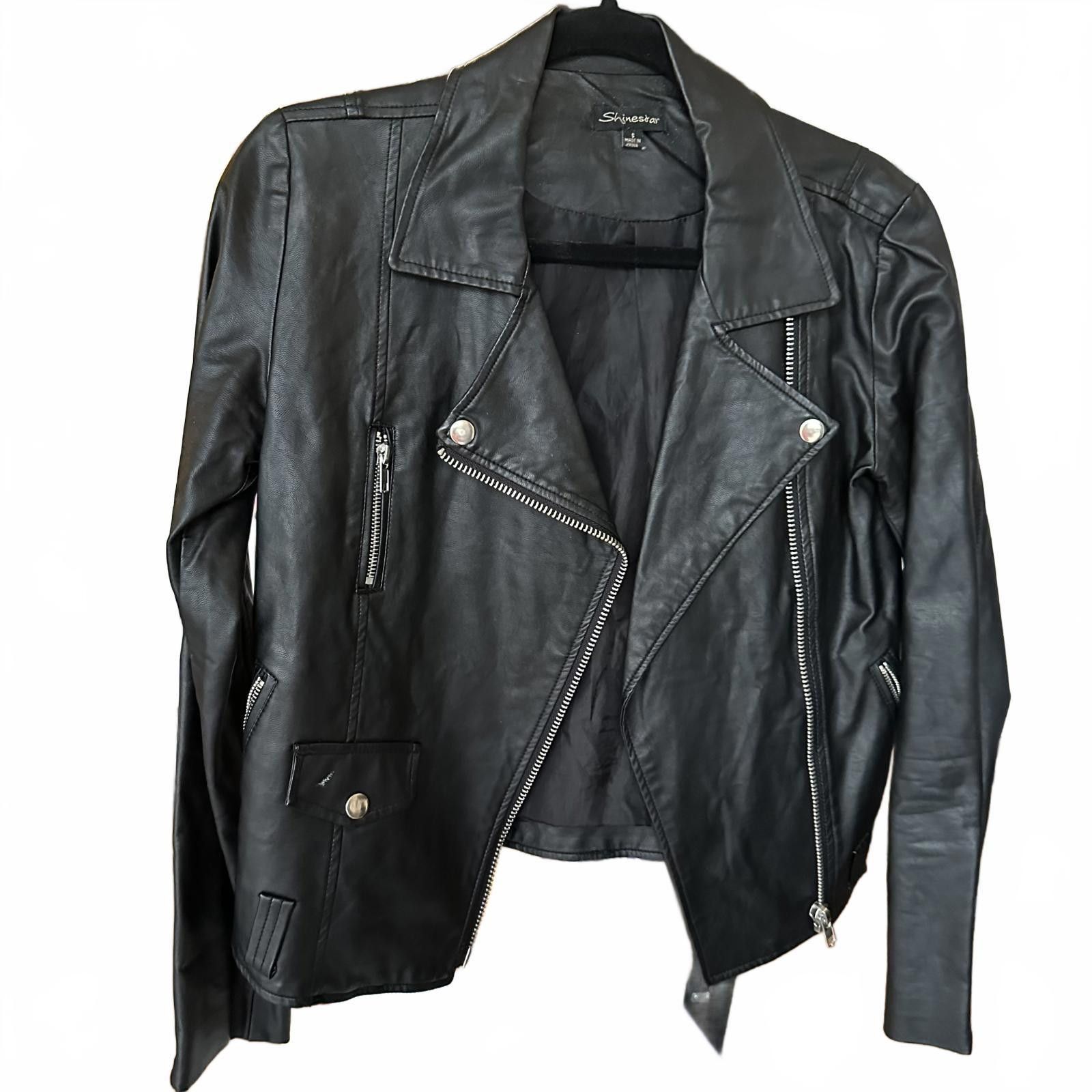 Designer Stylish Black Leather Biker Jacket by Shinesaar Size S / US 4 / IT 40 - 1 Thumbnail
