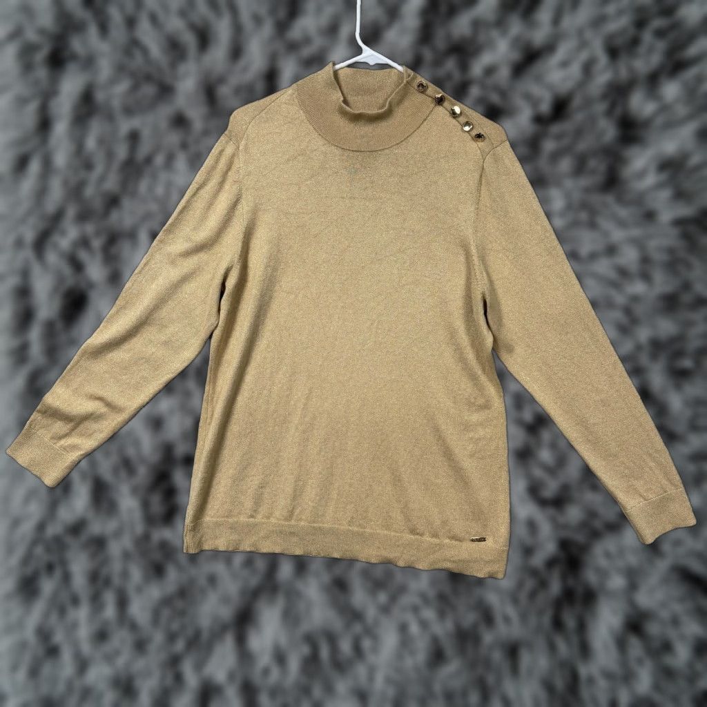 Calvin Klein Calvin Klein Sweater Womens XL Gold Metallic Mock Neck Button Shoulder Pullover Knit Lightweight Casual Size XL / US 12-14 / IT 48-50 - 1 Thumbnail