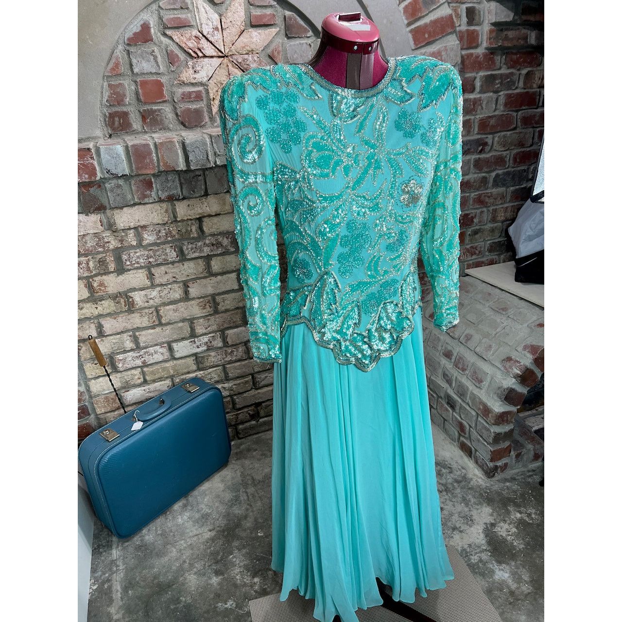 Other dress formal beaded 100% silk swing skirt shoulder pads blue Size M / US 6-8 / IT 42-44 - 4 Thumbnail