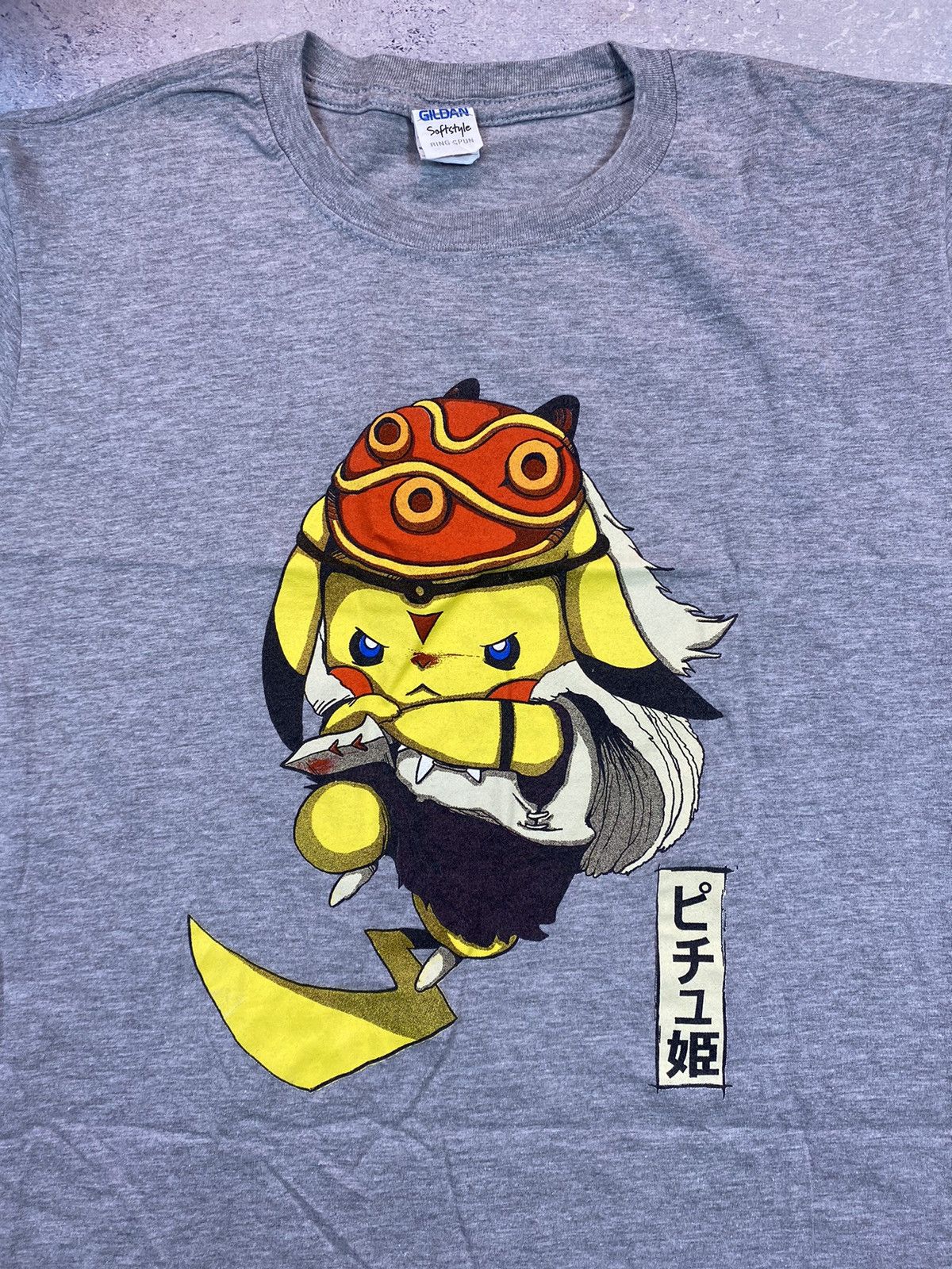 Anime × Gildan Vintage Pikachu Men’s Grey T-shirt With Big Logo Size Large Size US L / EU 52-54 / 3 - 4 Thumbnail