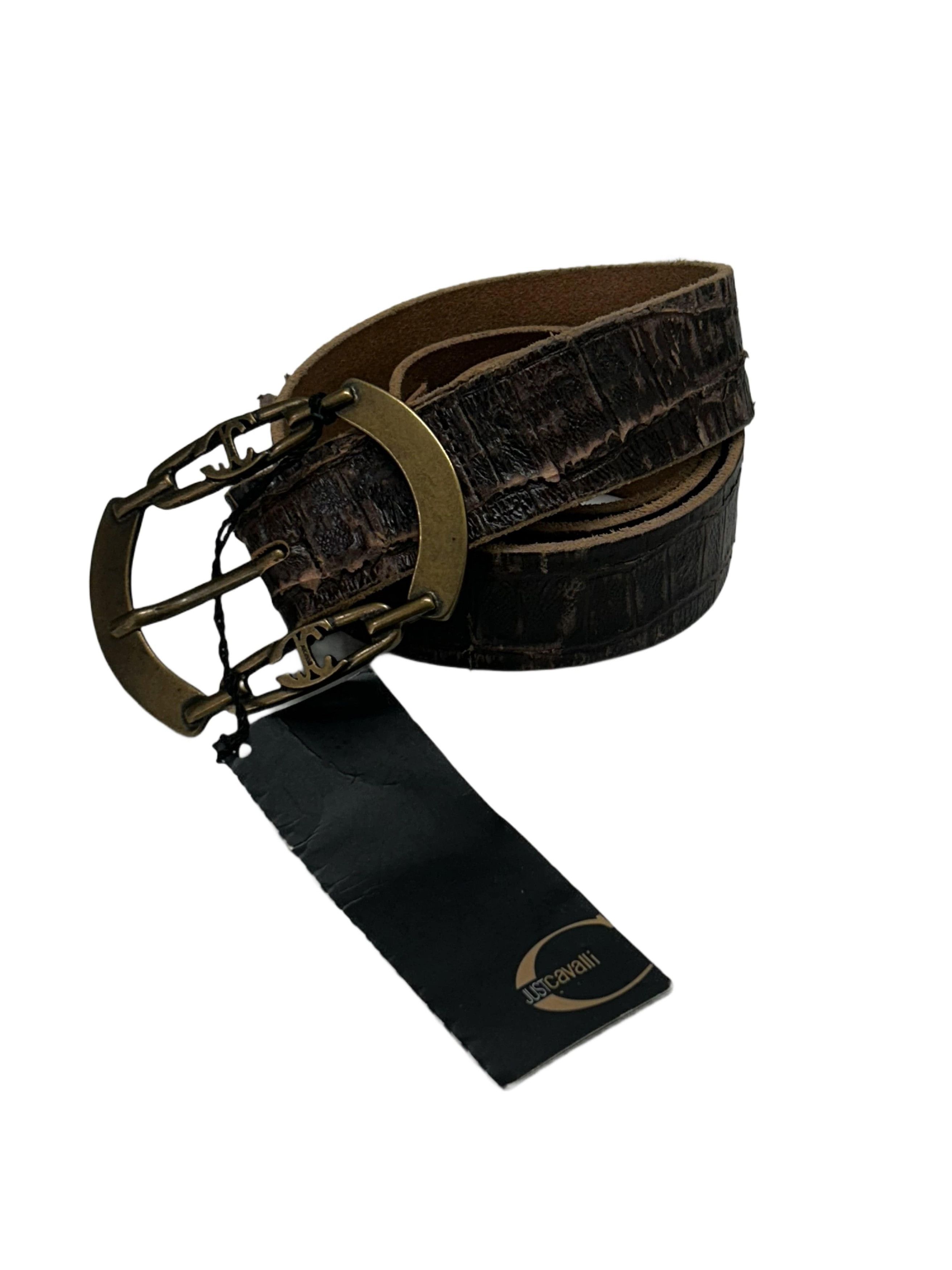 Just Cavalli Just Cavalli Brown Leather Faux Reptile Skin val Buckle Belt Size 34 - 3 Thumbnail