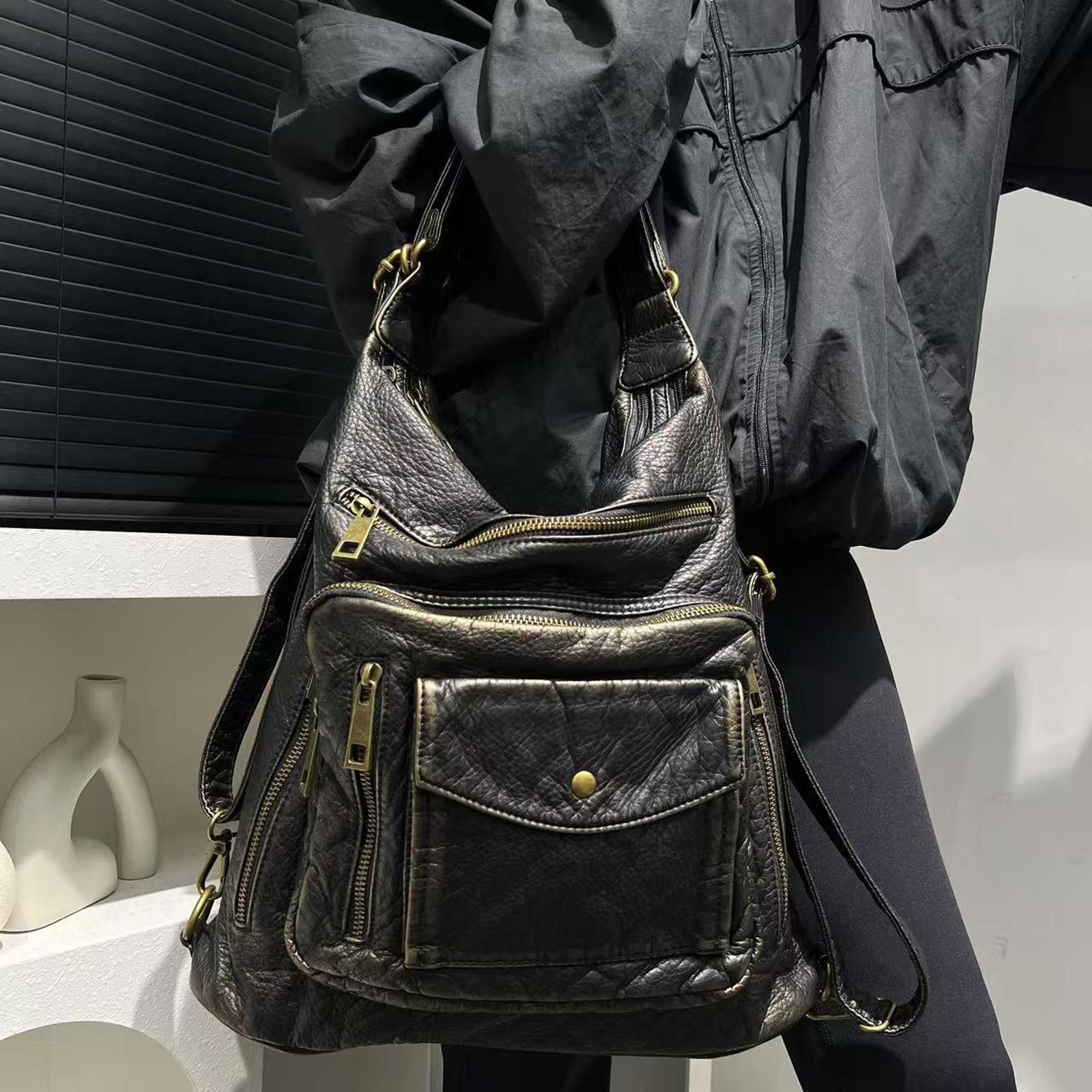 Vintage Black Textured Leather Shoulder Bag with Multiple Pockets Size ONE SIZE - 1 Thumbnail