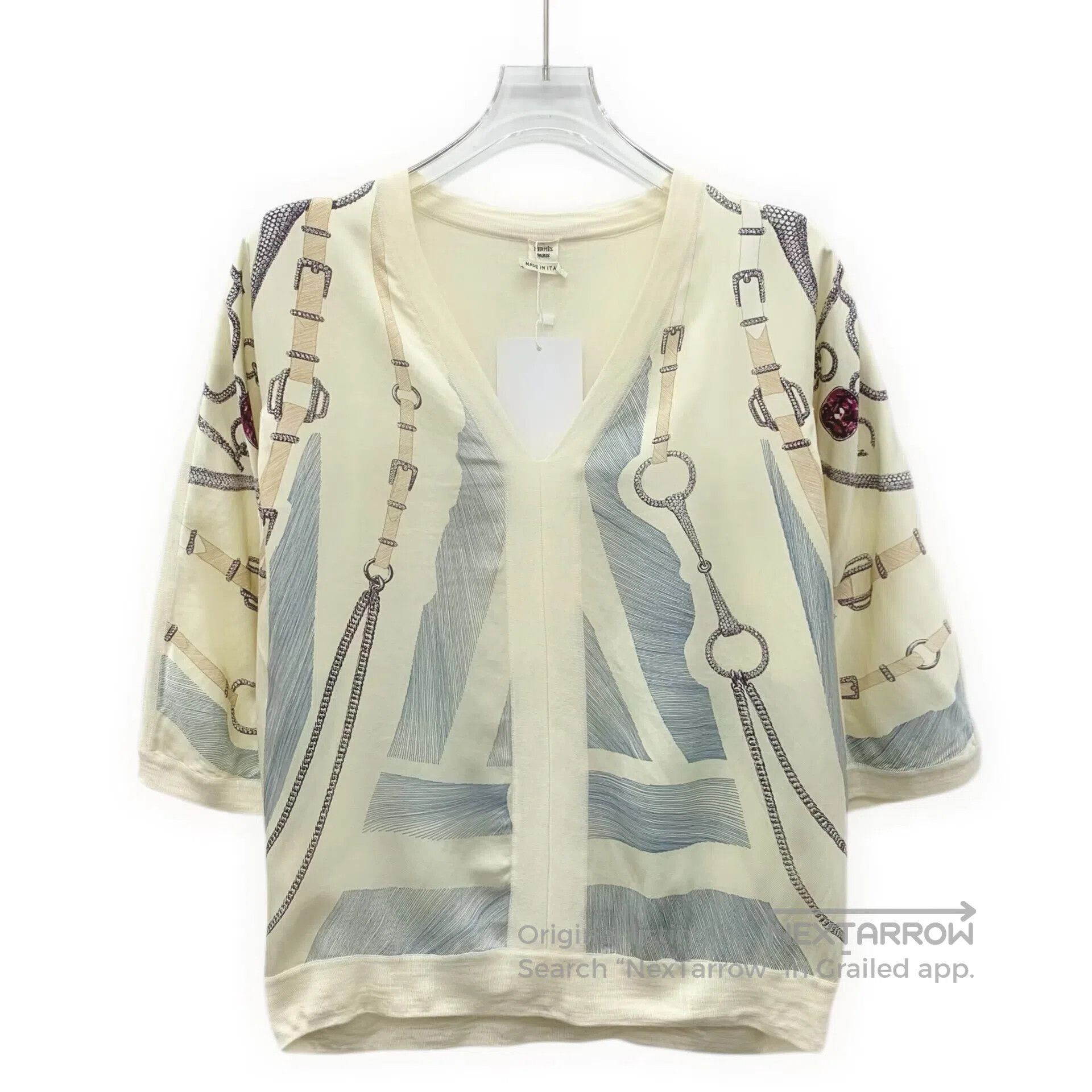 Hermes Hermes Beige lock buckle print cashmere V-neck top| Size XXS / US 00 / IT 34 - 1 Thumbnail