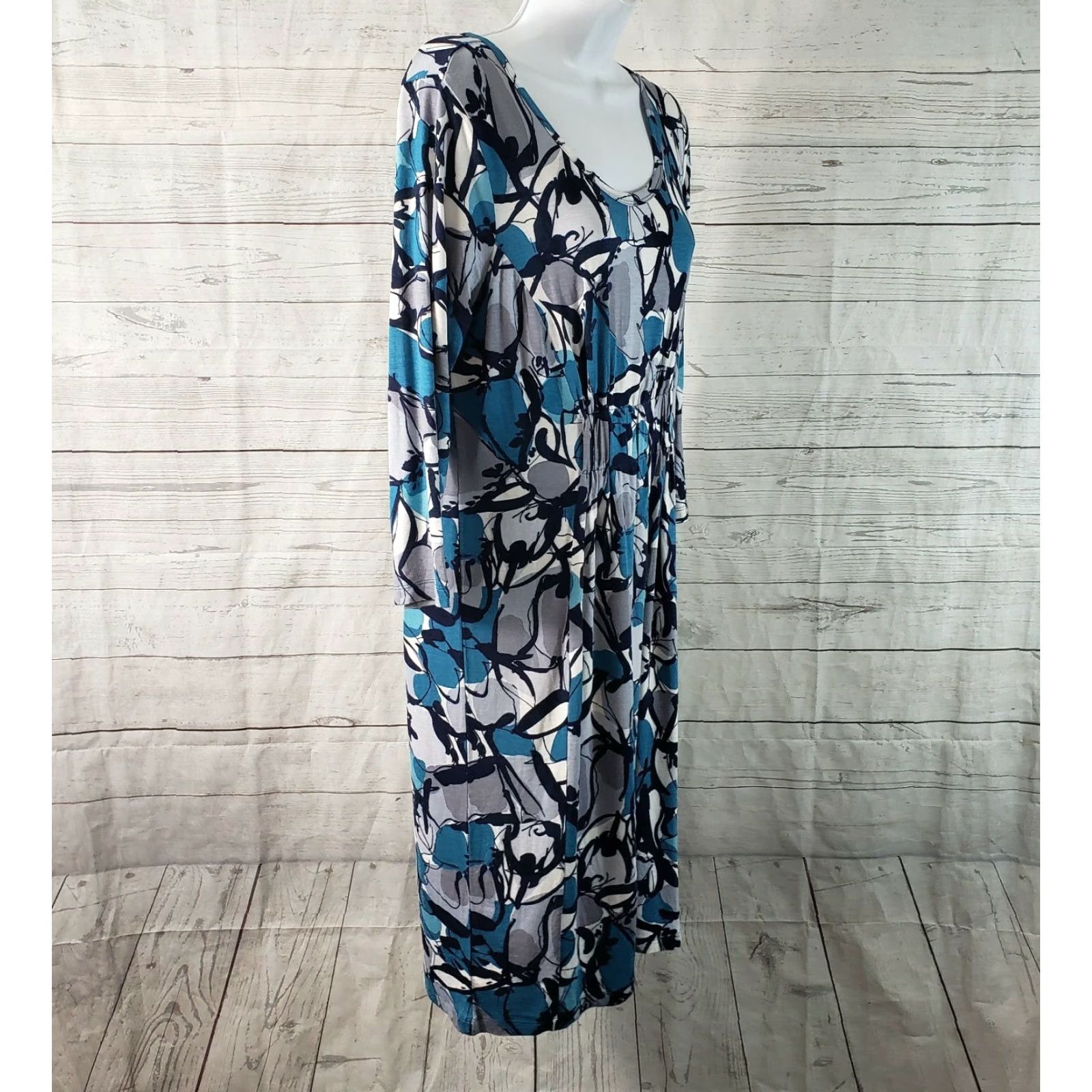 Vintage LOGO Instant Chic Womens Printed Knit Dress 3/4 Sleeve Sz Small Blue Gray | Pullover Sheath Knit Rayon Blend Dress Length Knee Length Mens? Size S / US 4 / IT 40 - 3 Thumbnail