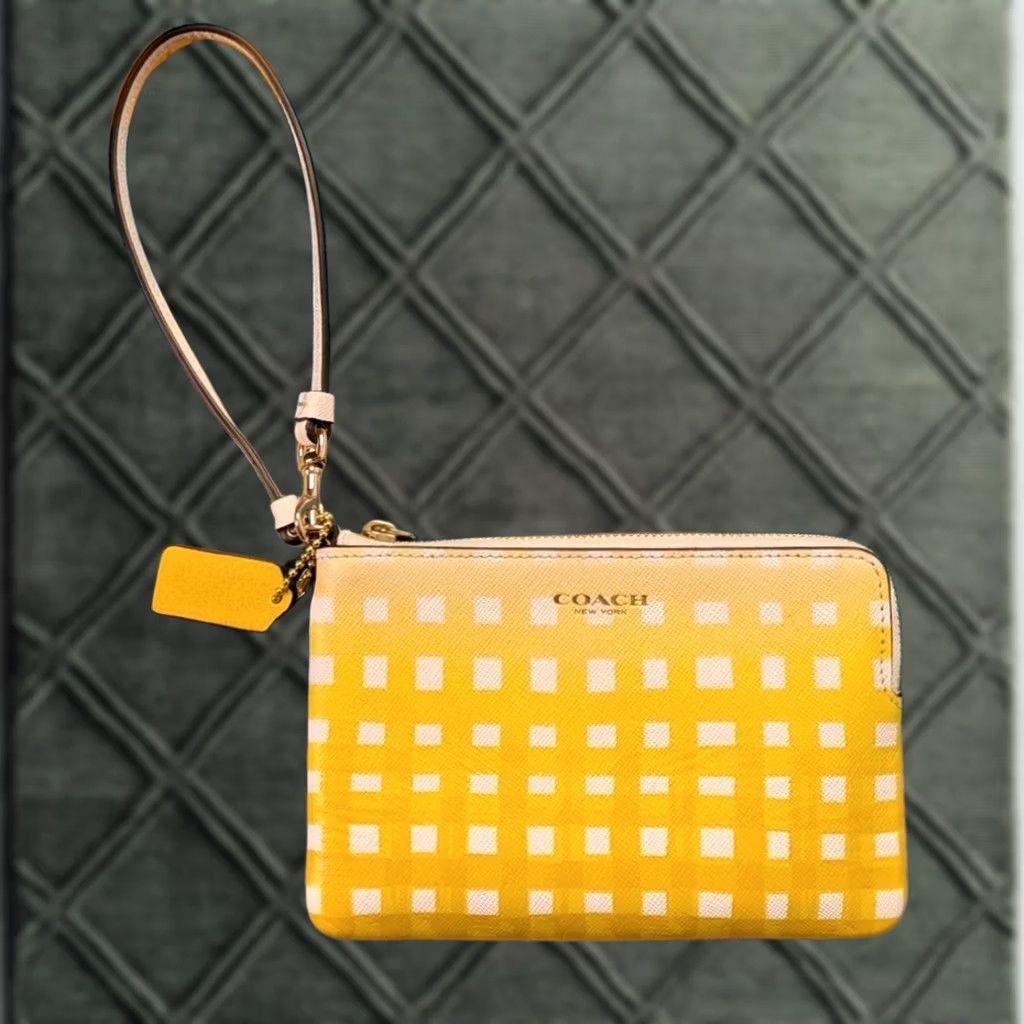 Coach Coach Saffiano Sunglow Ombre Gingham Small Wristlet Wallet Yellow Plaid 6" Womens Size ONE SIZE - 1 Thumbnail