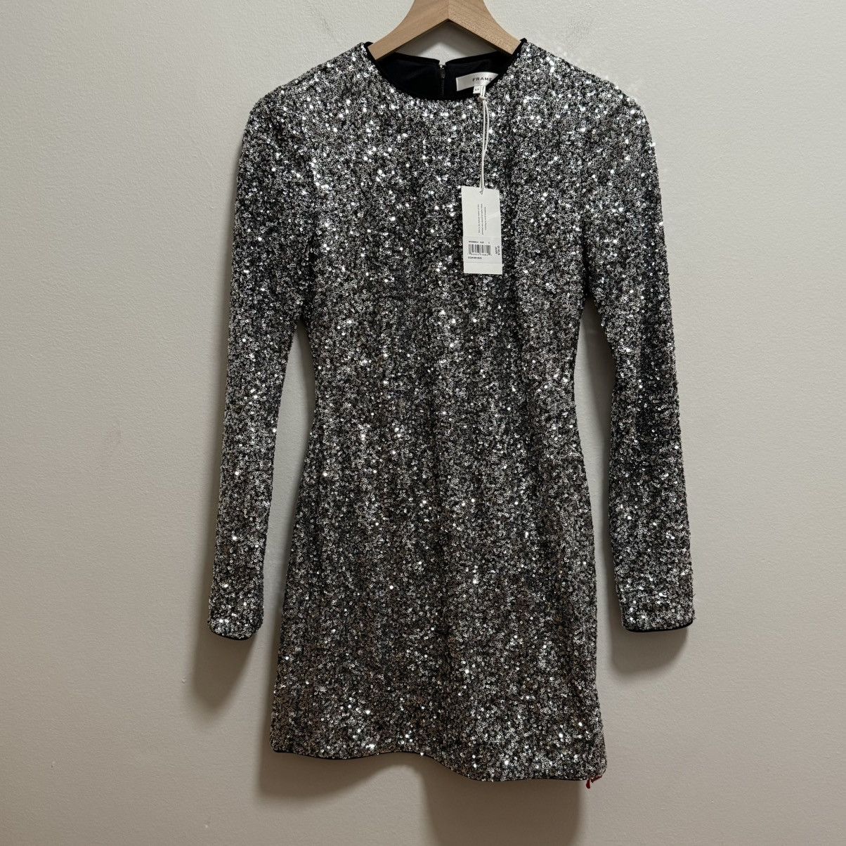 NWT FRAME silver sequin long sleeve mini dress metallic