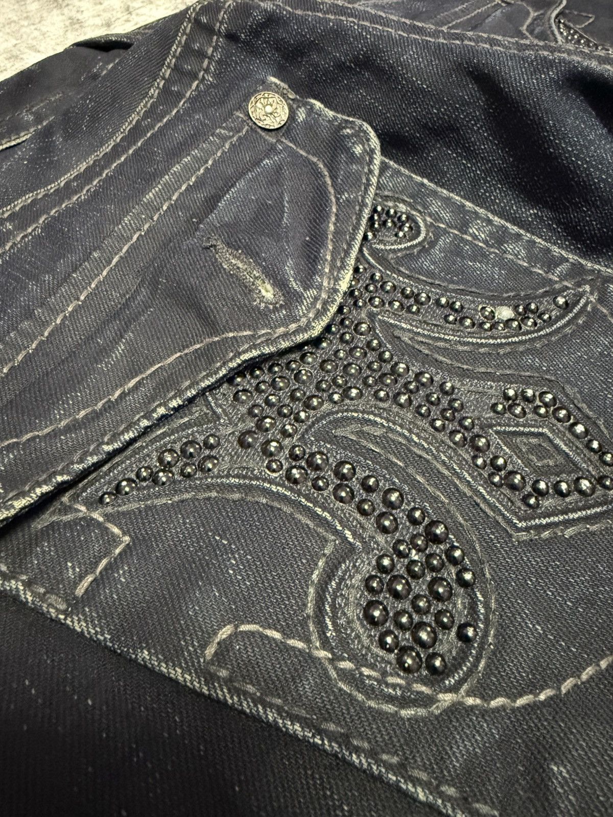 Japanese Brand × Mek Denim Mek Denim Wax Coated Studded Vegas Boot Cut Flared Jeans Size US 30 / EU 46 - 10 Thumbnail