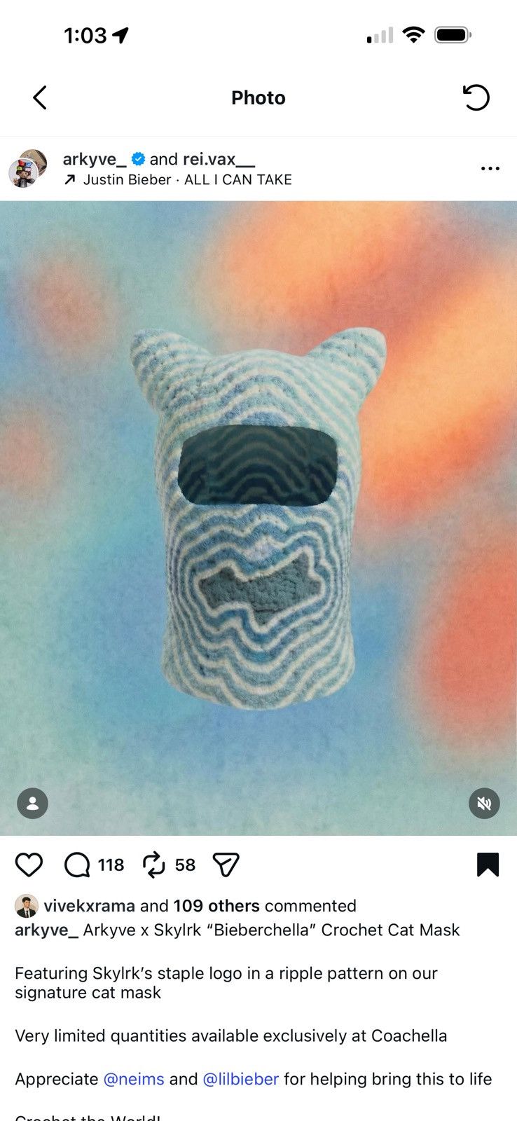 SKYLRK Justin Bieber SKYLRK x Arkyve Coachella Crochet Cat Mask Size ONE SIZE - 1 Thumbnail