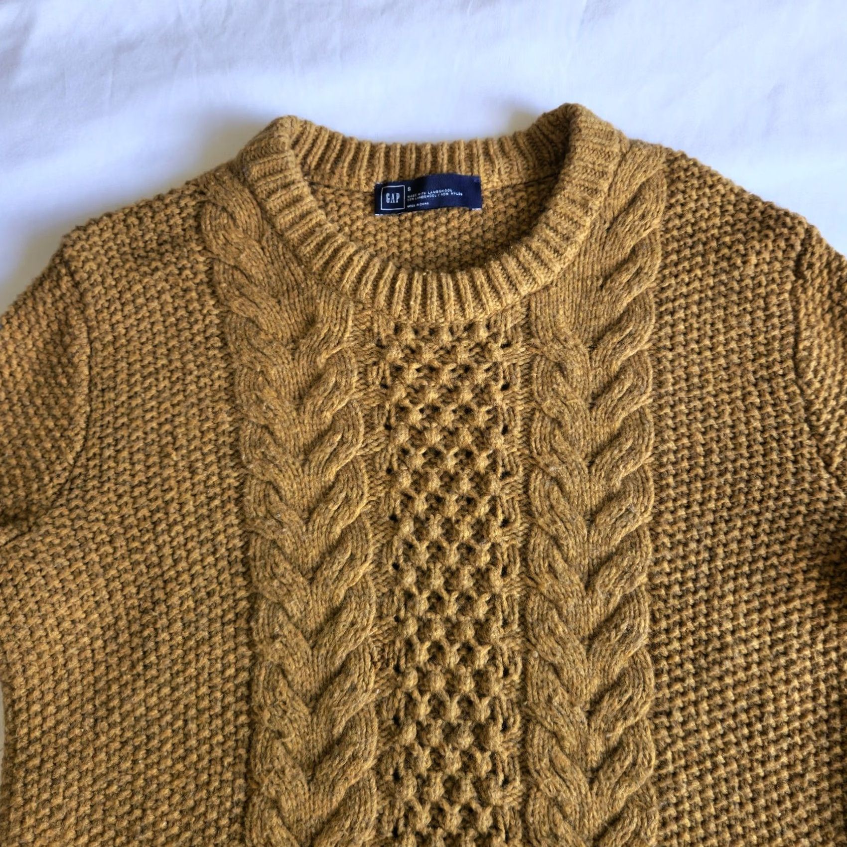 Gap GAP Crew Neck Sweater Men's Size Small Mustard Lambswool Cable Knit Pullover Size US S / EU 44-46 / 1 - 2 Thumbnail